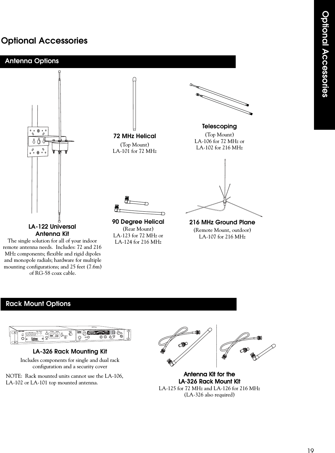 LA-122 UniversalAntenna Kit The single solution for all of your indoorremote antenna needs.  Includes: 72 and 216MHz components; flexible and rigid dipolesand monopole radials; hardware for multiplemounting configurations; and 25 feet (7.6m)of RG-58 coax cable.Optional Accessories19Optional AccessoriesTelescoping (Top Mount) LA-106 for 72 MHz orLA-102 for 216 MHz90 Degree Helical(Rear Mount) LA-123 for 72 MHz orLA-124 for 216 MHz216 MHz Ground Plane(Remote Mount, outdoor) LA-107 for 216 MHzLA-326 Rack Mounting KitIncludes components for single and dual rackconfiguration and a security coverAntenna  Kit  for  the  LA-3326  Rack  Mount  KitLA-125 for 72 MHz and LA-126 for 216 MHz(LA-326 also required)NOTE:  Rack mounted units cannot use the LA-106,LA-102 or LA-101 top mounted antenna.Antenna Options72 MHz Helical(Top Mount) LA-101 for 72 MHzRack Mount Options