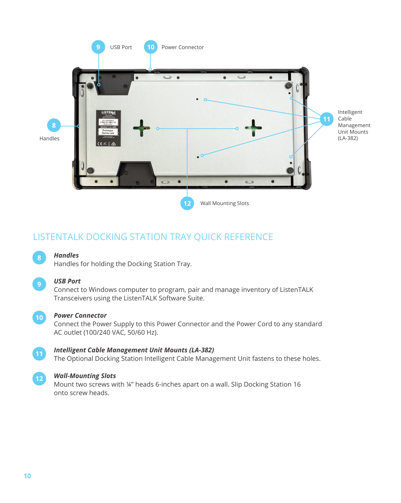 10LISTENTALK DOCKING STATION TRAY QUICK REFERENCEHandles Handles for holding the Docking Station Tray.USB PortConnect to Windows computer to program, pair and manage inventory of ListenTALK Transceivers using the ListenTALK Software Suite. Power ConnectorConnect the Power Supply to this Power Connector and the Power Cord to any standard AC outlet (100/240 VAC, 50/60 Hz). Intelligent Cable Management Unit Mounts (LA-382)The Optional Docking Station Intelligent Cable Management Unit fastens to these holes. Wall-Mounting SlotsMount two screws with ¼” heads 6-inches apart on a wall. Slip Docking Station 16 onto screw heads.89101112Wall Mounting Slots8HandlesIntelligent Cable Management Unit Mounts (LA-382)USB Port Power Connector9 101112