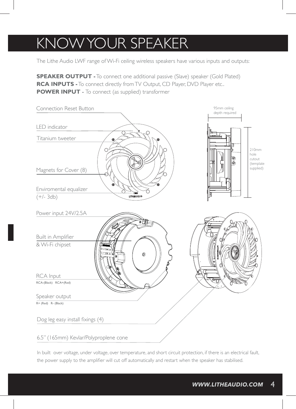 KNOW YOUR  SPEAKERThe Lithe Audio LWF range of Wi-Fi ceiling wireless speakers have various inputs and outputs: SPEAKER OUTPUT - To connect one additional passive (Slave) speaker (Gold Plated)RCA INPUTS - To connect directly from TV Output, CD Player, DVD Player etc.. POWER INPUT - To connect (as supplied) transformer Power input 24V/2.5ARCA-(Black)R+ (Red)   R- (Black)RCA+(Red)Speaker outputRCA Input(SKPIKIEW]MRWXEPP&frac12;\MRKW6.5&rdquo; (165mm) Kevlar/Polyproplene coneTitanium tweeter &amp;YMPXMR%QTPM&frac12;IV&amp; Wi-Fi chipsetMagnets for Cover (8) Enviromental equalizer(+/- 3db)LED indicatorConnection Reset Button 95mm ceiling depth required210mm holecutout(template supplied)In built  over voltage, under voltage, over temperature, and short circuit protection, if there is an electrical fault, XLITS[IVWYTTP]XSXLIEQTPM&frac12;IV[MPPGYXSJJEYXSQEXMGEPP]ERHVIWXEVX[LIRXLIWTIEOIVLEWWXEFMPMWIH4