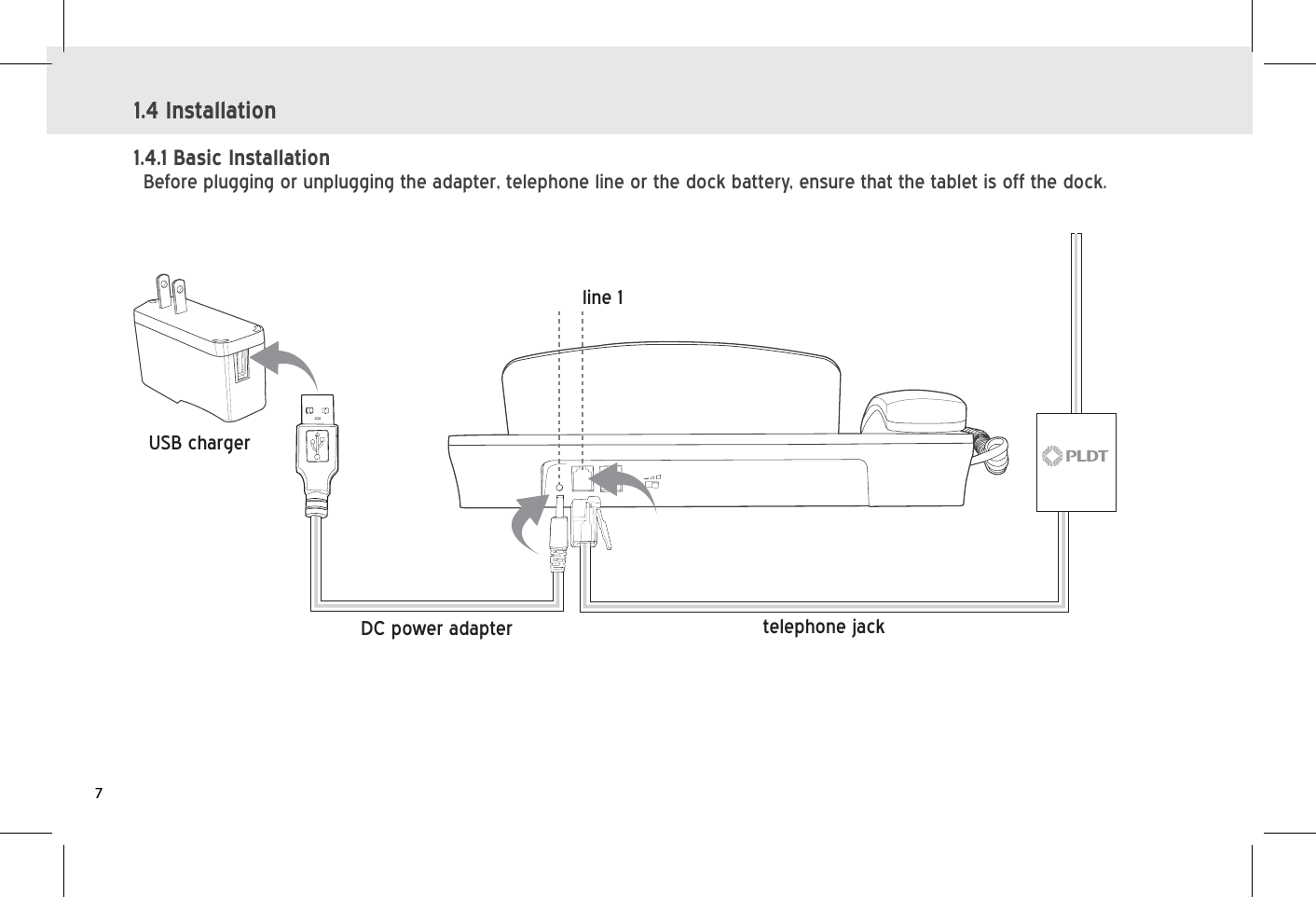 1.4 InstallationDC power adapter telephone jackUSB chargerline 11.4.1 Basic InstallationBefore plugging or unplugging the adapter, telephone line or the dock battery, ensure that the tablet is off the dock.7