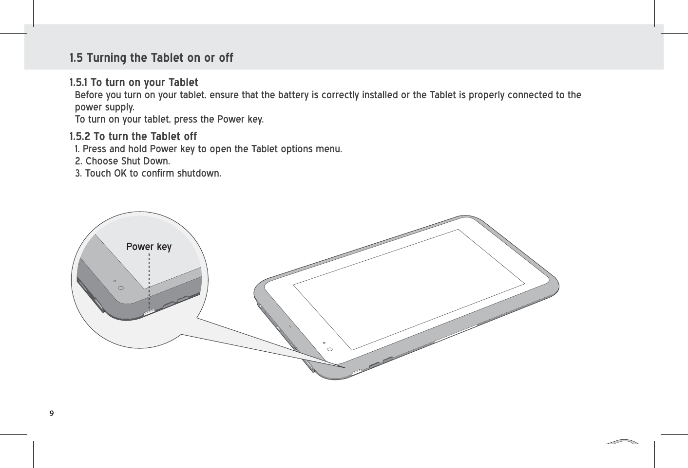 Power key1.5 Turning the Tablet on or off1.5.1 To turn on your TabletBefore you turn on your tablet, ensure that the battery is correctly installed or the Tablet is properly connected to the power supply.   To turn on your tablet, press the Power key. 1.5.2 To turn the Tablet off1. Press and hold Power key to open the Tablet options menu. 2. Choose Shut Down. 3. Touch OK to confirm shutdown. 9