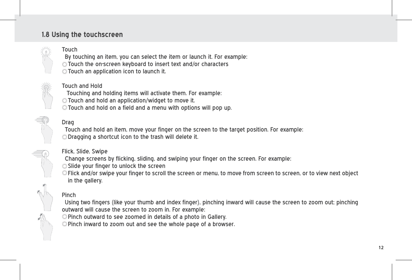 1.8 Using the touchscreenTouchBy touching an item, you can select the item or launch it. For example:Touch the on-screen keyboard to insert text and/or charactersTouch an application icon to launch it.Touch and Hold Touching and holding items will activate them. For example:Touch and hold an application/widget to move it. Touch and hold on a field and a menu with options will pop up.  DragTouch and hold an item, move your finger on the screen to the target position. For example: Dragging a shortcut icon to the trash will delete it.Flick, Slide, SwipeChange screens by flicking, sliding, and swiping your finger on the screen. For example:Slide your finger to unlock the screenFlick and/or swipe your finger to scroll the screen or menu, to move from screen to screen, or to view next object in the gallery.PinchUsing two fingers (like your thumb and index finger), pinching inward will cause the screen to zoom out; pinching outward will cause the screen to zoom in. For example:Pinch outward to see zoomed in details of a photo in Gallery.Pinch inward to zoom out and see the whole page of a browser.12
