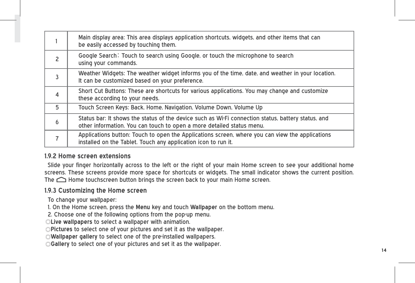 Slide your finger horizontally across to the left or the right of your main Home screen to see your additional home screens. These screens provide more space for shortcuts or widgets. The small indicator shows the current position. The    Home touchscreen button brings the screen back to your main Home screen.1.9.2 Home screen extensionsTo change your wallpaper:1. On the Home screen, press the Menu key and touch Wallpaper on the bottom menu.2. Choose one of the following options from the pop-up menu.Live wallpapers to select a wallpaper with animation.Pictures to select one of your pictures and set it as the wallpaper.Wallpaper gallery to select one of the pre-installed wallpapers.Gallery to select one of your pictures and set it as the wallpaper.1.9.3 Customizing the Home screen1Main display area: This area displays application shortcuts, widgets, and other items that can be easily accessed by touching them. 2Google Search： Touch to search using Google, or touch the microphone to search using your commands.3Weather Widgets: The weather widget informs you of the time, date, and weather in your location. It can be customized based on your preference.  4Short Cut Buttons: These are shortcuts for various applications. You may change and customize these according to your needs.56Touch Screen Keys: Back, Home, Navigation, Volume Down, Volume UpStatus bar: It shows the status of the device such as Wi-Fi connection status, battery status, and other information. You can touch to open a more detailed status menu.7Applications button: Touch to open the Applications screen, where you can view the applications installed on the Tablet. Touch any application icon to run it. 14