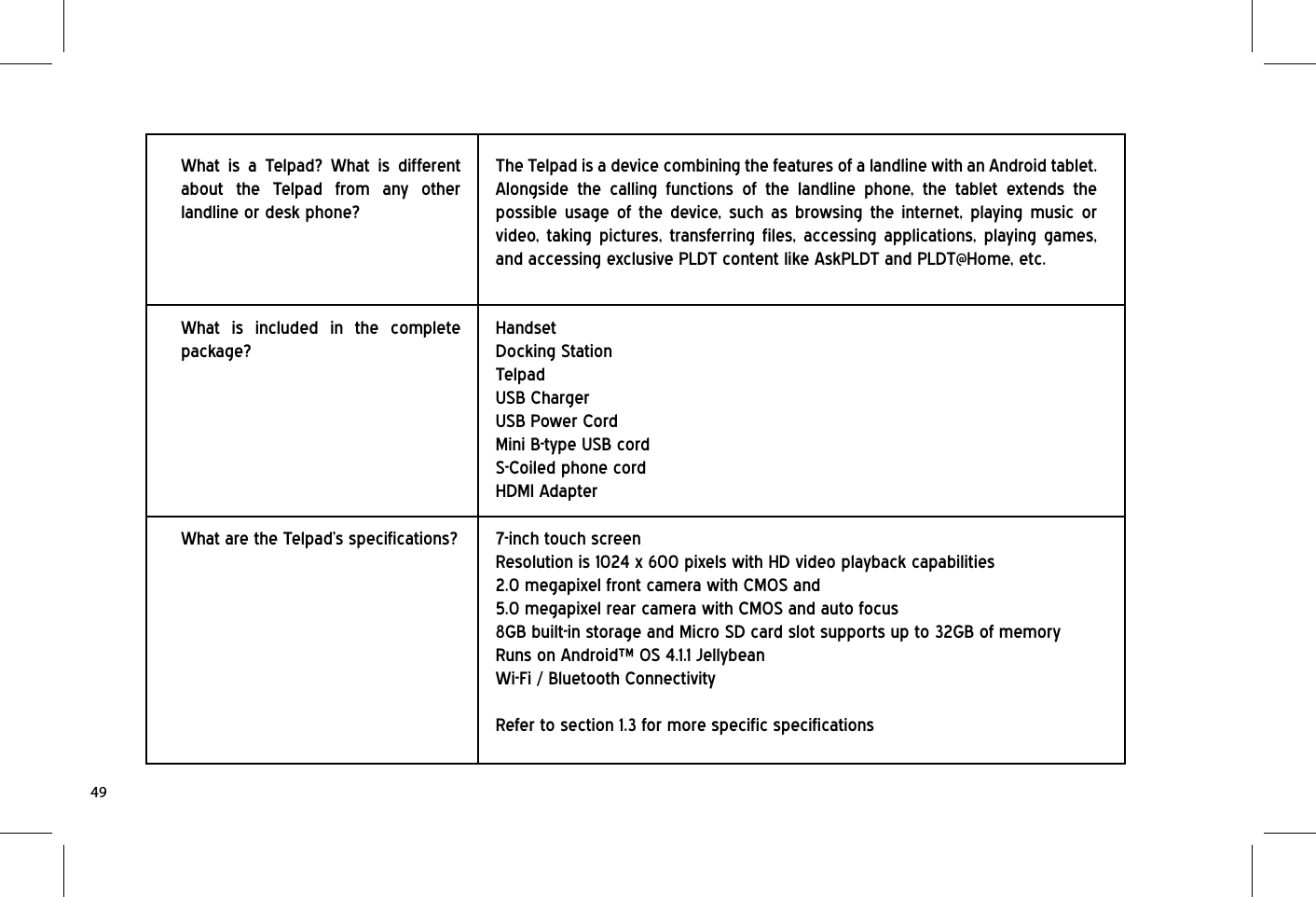 What is a Telpad? What is different about the Telpad from any other landline or desk phone?The Telpad is a device combining the features of a landline with an Android tablet. Alongside the calling functions of the landline phone, the tablet extends the possible usage of the device, such as browsing the internet, playing music or video, taking pictures, transferring files, accessing applications, playing games, and accessing exclusive PLDT content like AskPLDT and PLDT@Home, etc.What is included in the complete package?HandsetDocking StationTelpadUSB ChargerUSB Power CordMini B-type USB cordS-Coiled phone cordHDMI AdapterWhat are the Telpad’s specifications? 7-inch touch screenResolution is 1024 x 600 pixels with HD video playback capabilities2.0 megapixel front camera with CMOS and5.0 megapixel rear camera with CMOS and auto focus8GB built-in storage and Micro SD card slot supports up to 32GB of memoryRuns on Android™ OS 4.1.1 JellybeanWi-Fi / Bluetooth ConnectivityRefer to section 1.3 for more specific specifications49