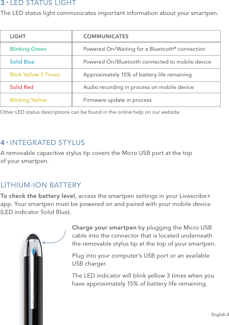 English 43 &bull; LED STATUS LIGHTThe LED status light communicates important information about your smartpen.4 &bull; INTEGRATED STYLUSA removable capacitive stylus tip covers the Micro USB port at the top  of your smartpen. LITHIUM-ION BATTERYTo check the battery level, access the smartpen settings in your Livescribe+  app. Your smartpen must be powered on and paired with your mobile device  (LED indicator Solid Blue).Charge your smartpen by plugging the Micro USB cable into the connector that is located underneath  the removable stylus tip at the top of your smartpen.Plug into your computer&rsquo;s USB port or an available  USB charger.The LED indicator will blink yellow 3 times when you have approximately 15% of battery life remaining. LIGHT   COMMUNICATES Blinking Green  Powered On/Waiting for a Bluetooth&reg; connection  Solid Blue  Powered On/Bluetooth connected to mobile device  Blink Yellow 3 Times Approximately 15% of battery life remaining Solid Red  Audio recording in process on mobile device  Blinking Yellow  Firmware update in processOther LED status descriptions can be found in the online help on our website.