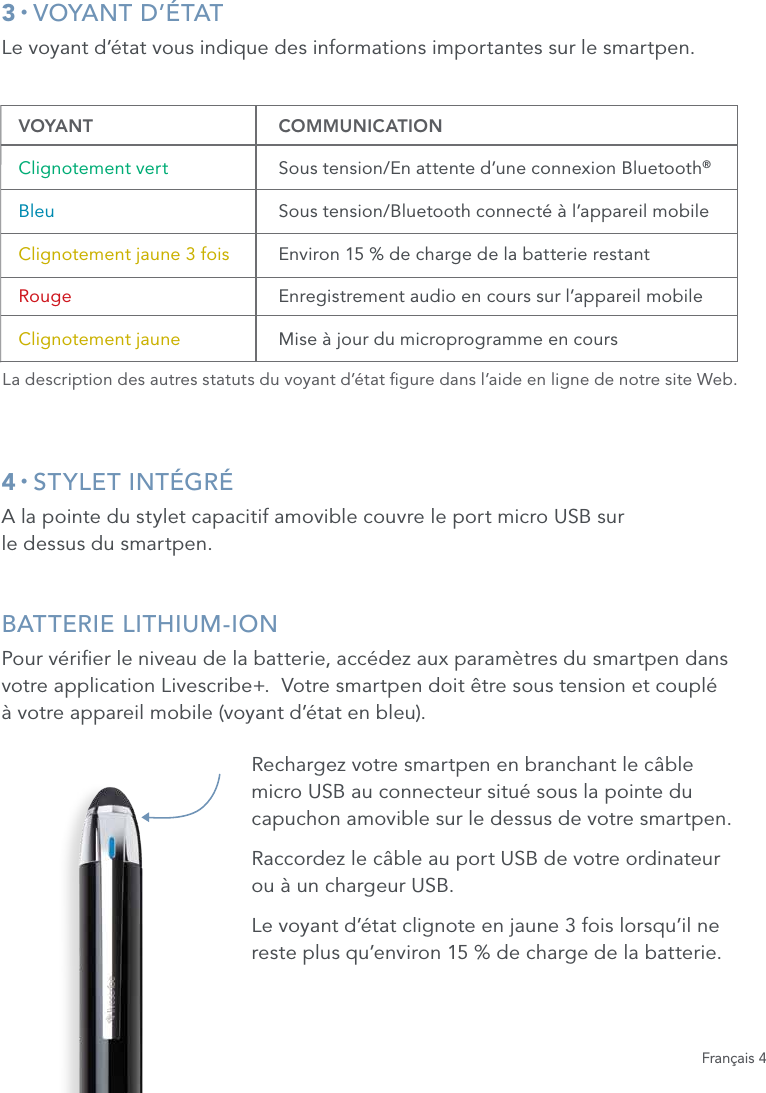 Fran&ccedil;ais 43 &bull; VOYANT D&rsquo;&Eacute;TATLe voyant d&rsquo;&eacute;tat vous indique des informations importantes sur le smartpen.4 &bull; STYLET INT&Eacute;GR&Eacute;A la pointe du stylet capacitif amovible couvre le port micro USB sur  le dessus du smartpen. BATTERIE LITHIUM-IONPour v&eacute;rier le niveau de la batterie, acc&eacute;dez aux param&egrave;tres du smartpen dans votre application Livescribe+.  Votre smartpen doit &ecirc;tre sous tension et coupl&eacute;  &agrave; votre appareil mobile (voyant d&rsquo;&eacute;tat en bleu).Rechargez votre smartpen en branchant le c&acirc;ble micro USB au connecteur situ&eacute; sous la pointe du capuchon amovible sur le dessus de votre smartpen.Raccordez le c&acirc;ble au port USB de votre ordinateur ou &agrave; un chargeur USB.Le voyant d&rsquo;&eacute;tat clignote en jaune 3 fois lorsqu&rsquo;il ne reste plus qu&rsquo;environ 15 % de charge de la batterie.  VOYANT   COMMUNICATION  Clignotement vert Sous tension/En attente d&rsquo;une connexion Bluetooth&reg; Bleu  Sous tension/Bluetooth connect&eacute; &agrave; l&rsquo;appareil mobile  Clignotement jaune 3 fois Environ 15 % de charge de la batterie restant Rouge Enregistrement audio en cours sur l&rsquo;appareil mobile  Clignotement jaune  Mise &agrave; jour du microprogramme en coursLa description des autres statuts du voyant d&rsquo;&eacute;tat gure dans l&rsquo;aide en ligne de notre site Web.