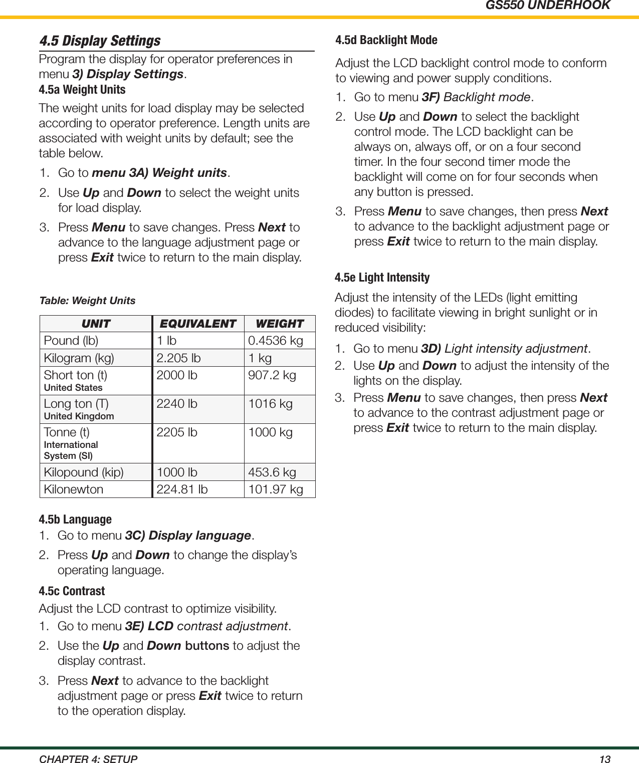 GS550 UNDERHOOK13ChApTEr 4: SETup4.5 Display SettingsProgram the display for operator preferences in menu 3) Display Settings.4.5a Weight UnitsThe weight units for load display may be selected according to operator preference. Length units are associated with weight units by default; see the table below. 1.  Go to menu 3A) Weight units.2.  Use Up and Down to select the weight units for load display.3.  Press Menu to save changes. Press Next to advance to the language adjustment page or press Exit twice to return to the main display.Table: Weight UnitsunIt equIvalent weIghtPound (lb) 1 lb 0.4536 kgKilogram (kg) 2.205 lb 1 kgShort ton (t)United States2000 lb 907.2 kgLong ton (T)United Kingdom2240 lb 1016 kgTonne (t)International  System (SI)2205 lb 1000 kgKilopound (kip) 1000 lb 453.6 kgKilonewton 224.81 lb 101.97 kg4.5b Language1.  Go to menu 3C) Display language.2.  Press Up and Down to change the display’s operating language.4.5c ContrastAdjust the LCD contrast to optimize visibility.1.  Go to menu 3E) LCD contrast adjustment.2.  Use the Up and Down buttons to adjust the display contrast.3.  Press Next to advance to the backlight adjustment page or press Exit twice to return to the operation display.4.5d Backlight ModeAdjust the LCD backlight control mode to conform to viewing and power supply conditions.1.  Go to menu 3F) Backlight mode.2.  Use Up and Down to select the backlight control mode. The LCD backlight can be always on, always off, or on a four second timer. In the four second timer mode the backlight will come on for four seconds when any button is pressed.3.  Press Menu to save changes, then press Next to advance to the backlight adjustment page or press Exit twice to return to the main display.4.5e Light IntensityAdjust the intensity of the LEDs (light emitting diodes) to facilitate viewing in bright sunlight or in reduced visibility:1.  Go to menu 3D) Light intensity adjustment.2.  Use Up and Down to adjust the intensity of the lights on the display.3.  Press Menu to save changes, then press Next to advance to the contrast adjustment page or press Exit twice to return to the main display.