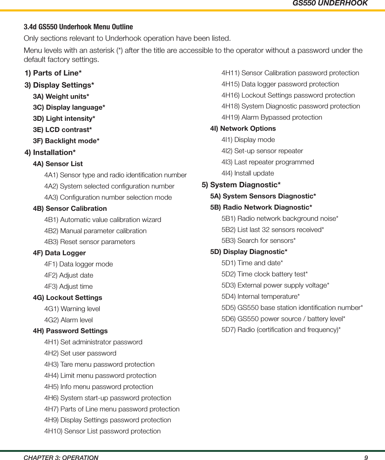 GS550 UNDERHOOK9ChApTEr 3: OpErATiON3.4d GS550 Underhook Menu Outline1) Parts of Line*3) Display Settings*3A) Weight units*3C) Display language*3D) Light intensity*      3E) LCD contrast*3F) Backlight mode*4) Installation*4A) Sensor List4A1) Sensor type and radio identiﬁcation number4A2) System selected conﬁguration number4A3) Conﬁguration number selection mode4B) Sensor Calibration4B1) Automatic value calibration wizard4B2) Manual parameter calibration4B3) Reset sensor parameters4F) Data Logger4F1) Data logger mode4F2) Adjust date4F3) Adjust time 4G) Lockout Settings4G1) Warning level4G2) Alarm level4H) Password Settings4H1) Set administrator password4H2) Set user password4H3) Tare menu password protection4H4) Limit menu password protection4H5) Info menu password protection4H6) System start-up password protection4H7) Parts of Line menu password protection4H9) Display Settings password protection4H10) Sensor List password protection4H11) Sensor Calibration password protection4H15) Data logger password protection 4H16) Lockout Settings password protection4H18) System Diagnostic password protection4H19) Alarm Bypassed protection4I) Network Options4I1) Display mode4I2) Set-up sensor repeater4I3) Last repeater programmed4I4) Install update5) System Diagnostic*5A) System Sensors Diagnostic*5B) Radio Network Diagnostic*5B1) Radio network background noise*5B2) List last 32 sensors received*5B3) Search for sensors*5D) Display Diagnostic*5D1) Time and date*5D2) Time clock battery test*5D3) External power supply voltage*5D4) Internal temperature*5D5) GS550 base station identiﬁcation number*5D6) GS550 power source / battery level*5D7) Radio (certiﬁcation and frequency)*  Only sections relevant to Underhook operation have been listed. Menu levels with an asterisk (*) after the title are accessible to the operator without a password under the default factory settings.