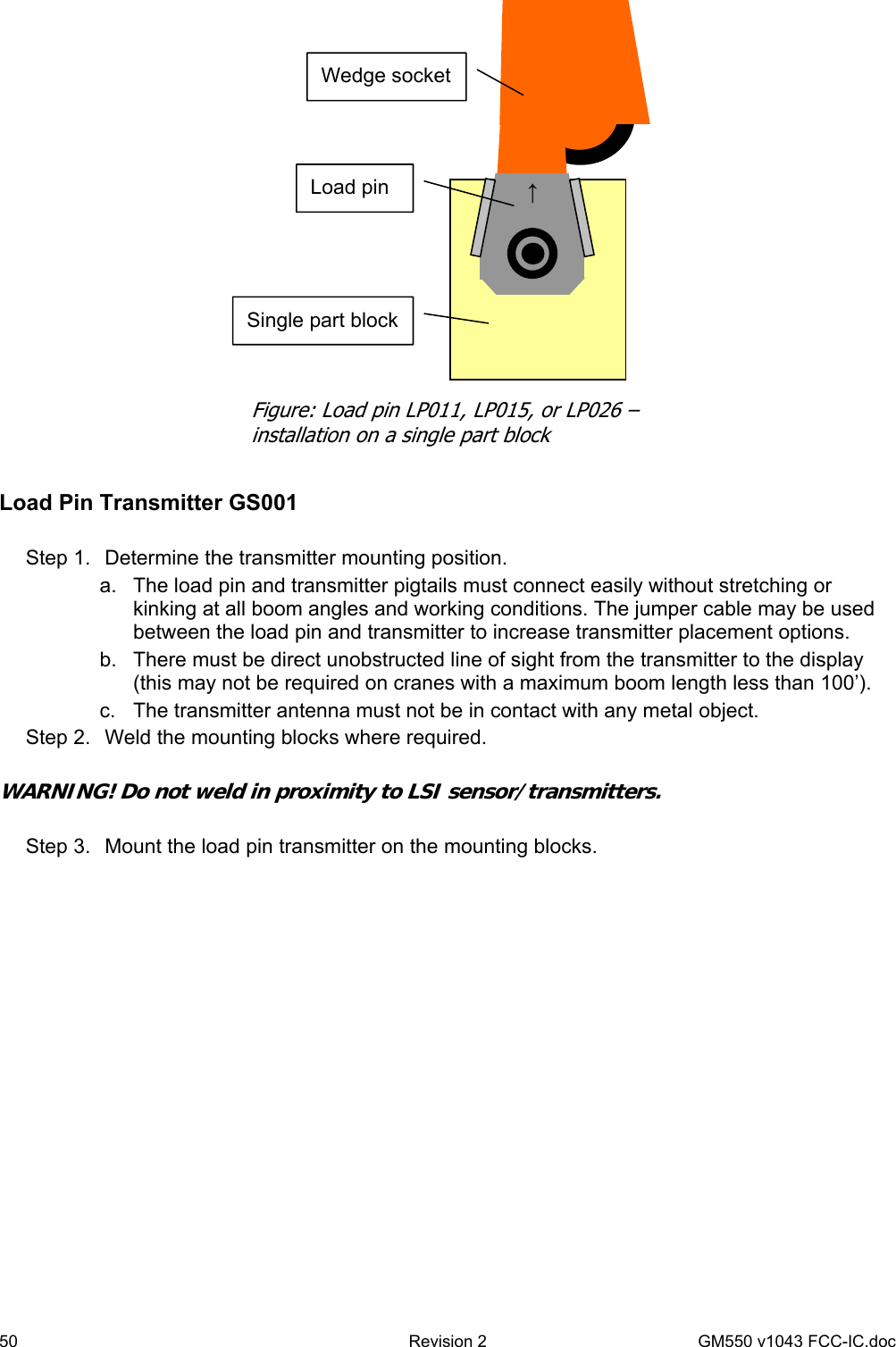 50  Revision 2   GM550 v1043 FCC-IC.doc   Load Pin Transmitter GS001  Step 1.  Determine the transmitter mounting position. a.  The load pin and transmitter pigtails must connect easily without stretching or kinking at all boom angles and working conditions. The jumper cable may be used between the load pin and transmitter to increase transmitter placement options. b.  There must be direct unobstructed line of sight from the transmitter to the display (this may not be required on cranes with a maximum boom length less than 100’). c.  The transmitter antenna must not be in contact with any metal object. Step 2.  Weld the mounting blocks where required.  WARNING! Do not weld in proximity to LSI sensor/transmitters.  Step 3.  Mount the load pin transmitter on the mounting blocks.  ↑ Load pin Single part block Figure: Load pin LP011, LP015, or LP026 – installation on a single part block Wedge socket 