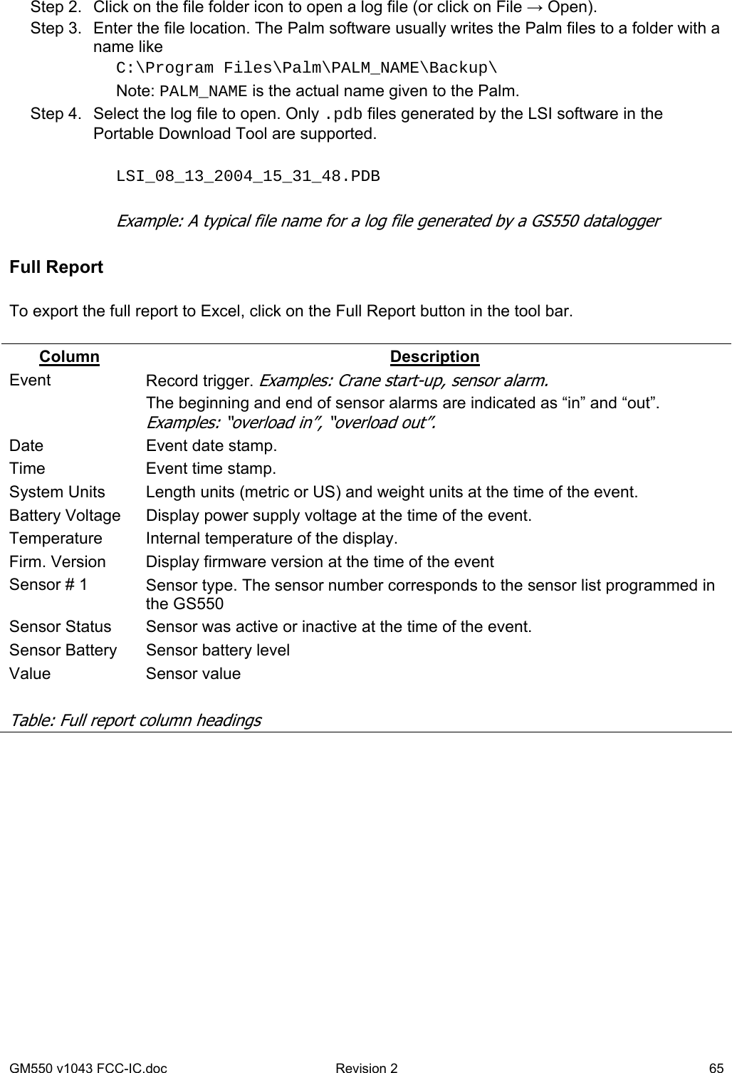 GM550 v1043 FCC-IC.doc  Revision 2   65 Step 2.  Click on the file folder icon to open a log file (or click on File → Open). Step 3.  Enter the file location. The Palm software usually writes the Palm files to a folder with a name like C:\Program Files\Palm\PALM_NAME\Backup\ Note: PALM_NAME is the actual name given to the Palm. Step 4.  Select the log file to open. Only .pdb files generated by the LSI software in the Portable Download Tool are supported.  LSI_08_13_2004_15_31_48.PDB  Example: A typical file name for a log file generated by a GS550 datalogger  Full Report  To export the full report to Excel, click on the Full Report button in the tool bar.  Column Description Event  Record trigger. Examples: Crane start-up, sensor alarm. The beginning and end of sensor alarms are indicated as “in” and “out”. Examples: “overload in”, “overload out”. Date  Event date stamp. Time  Event time stamp. System Units  Length units (metric or US) and weight units at the time of the event. Battery Voltage  Display power supply voltage at the time of the event. Temperature  Internal temperature of the display. Firm. Version  Display firmware version at the time of the event Sensor # 1  Sensor type. The sensor number corresponds to the sensor list programmed in the GS550 Sensor Status  Sensor was active or inactive at the time of the event. Sensor Battery  Sensor battery level Value Sensor value   Table: Full report column headings  