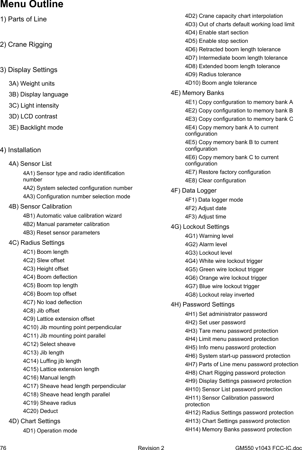 76  Revision 2   GM550 v1043 FCC-IC.doc Menu Outline 1) Parts of Line  2) Crane Rigging  3) Display Settings   3A) Weight units   3B) Display language   3C) Light intensity   3D) LCD contrast   3E) Backlight mode  4) Installation   4A) Sensor List     4A1) Sensor type and radio identification number     4A2) System selected configuration number     4A3) Configuration number selection mode  4B) Sensor Calibration     4B1) Automatic value calibration wizard     4B2) Manual parameter calibration     4B3) Reset sensor parameters  4C) Radius Settings     4C1) Boom length     4C2) Slew offset     4C3) Height offset     4C4) Boom deflection     4C5) Boom top length     4C6) Boom top offset     4C7) No load deflection     4C8) Jib offset     4C9) Lattice extension offset     4C10) Jib mounting point perpendicular     4C11) Jib mounting point parallel     4C12) Select sheave     4C13) Jib length     4C14) Luffing jib length     4C15) Lattice extension length     4C16) Manual length     4C17) Sheave head length perpendicular     4C18) Sheave head length parallel    4C19) Sheave radius    4C20) Deduct  4D) Chart Settings     4D1) Operation mode     4D2) Crane capacity chart interpolation     4D3) Out of charts default working load limit     4D4) Enable start section     4D5) Enable stop section     4D6) Retracted boom length tolerance     4D7) Intermediate boom length tolerance     4D8) Extended boom length tolerance     4D9) Radius tolerance     4D10) Boom angle tolerance   4E) Memory Banks     4E1) Copy configuration to memory bank A     4E2) Copy configuration to memory bank B     4E3) Copy configuration to memory bank C     4E4) Copy memory bank A to current configuration     4E5) Copy memory bank B to current configuration     4E6) Copy memory bank C to current configuration     4E7) Restore factory configuration     4E8) Clear configuration   4F) Data Logger     4F1) Data logger mode     4F2) Adjust date     4F3) Adjust time  4G) Lockout Settings     4G1) Warning level     4G2) Alarm level     4G3) Lockout level     4G4) White wire lockout trigger     4G5) Green wire lockout trigger     4G6) Orange wire lockout trigger     4G7) Blue wire lockout trigger     4G8) Lockout relay inverted   4H) Password Settings     4H1) Set administrator password     4H2) Set user password     4H3) Tare menu password protection     4H4) Limit menu password protection     4H5) Info menu password protection     4H6) System start-up password protection     4H7) Parts of Line menu password protection     4H8) Chart Rigging password protection     4H9) Display Settings password protection     4H10) Sensor List password protection     4H11) Sensor Calibration password protection     4H12) Radius Settings password protection     4H13) Chart Settings password protection     4H14) Memory Banks password protection 