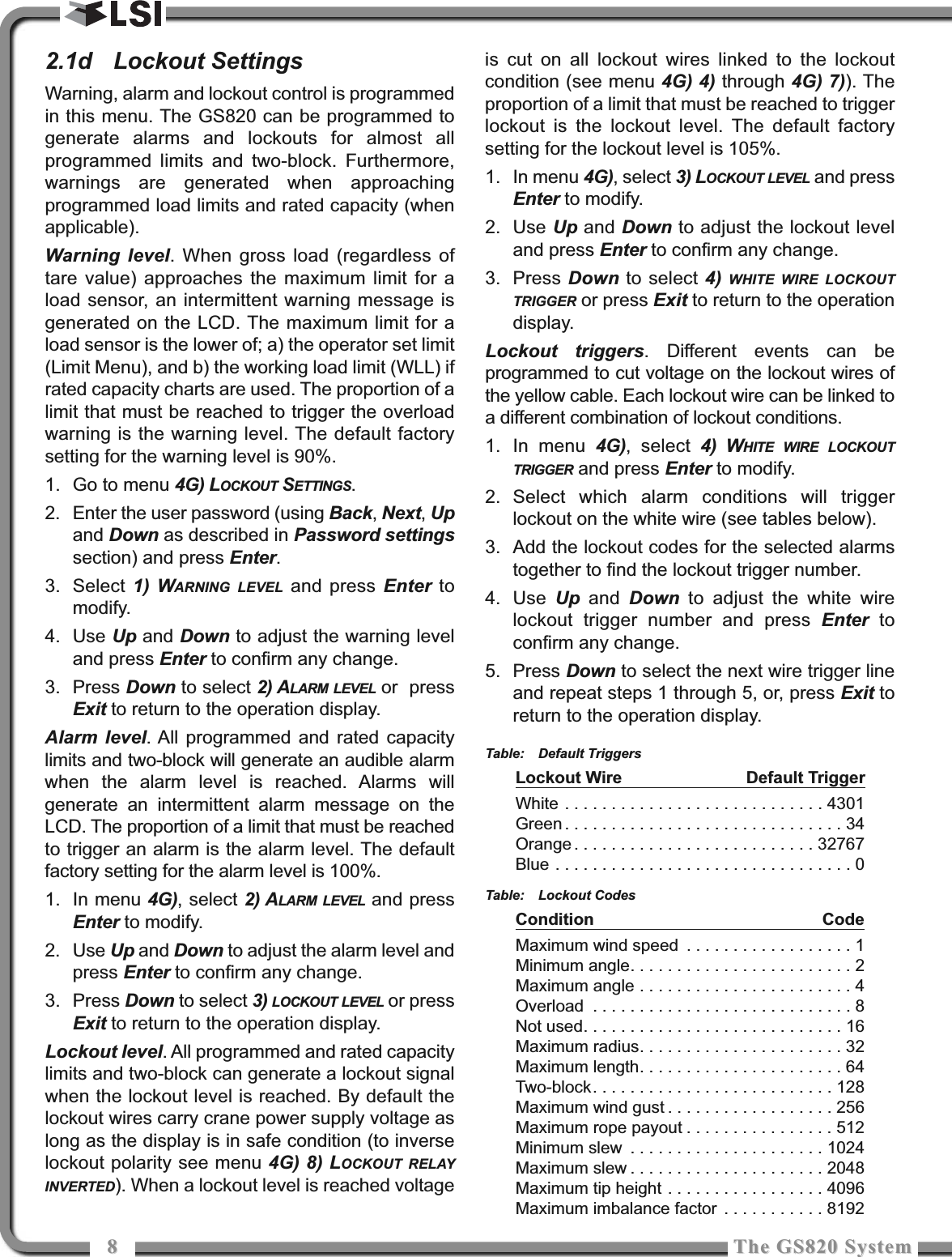 88The GS820 SystemThe GS820 System2.1d Lockout SettingsWarning, alarm and lockout control is programmedin this menu. The GS820 can be programmed togenerate alarms and lockouts for almost allprogrammed limits and two-block. Furthermore,warnings are generated when approachingprogrammed load limits and rated capacity (whenapplicable). Warning level. When gross load (regardless oftare value) approaches the maximum limit for aload sensor, an intermittent warning message isgenerated on the LCD. The maximum limit for aload sensor is the lower of; a) the operator set limit(Limit Menu), and b) the working load limit (WLL) ifrated capacity charts are used. The proportion of alimit that must be reached to trigger the overloadwarning is the warning level. The default factorysetting for the warning level is 90%.1. Go to menu 4G) LOCKOUT SETTINGS.2. Enter the user password (using Back, Next, Upand Down as described in Password settingssection) and press Enter.3. Select 1) WARNING LEVEL and press Enter tomodify.4. Use Up and Down to adjust the warning leveland press Enter to confirm any change.3. Press Down to select 2) ALARM LEVEL or  pressExit to return to the operation display.Alarm level. All programmed and rated capacitylimits and two-block will generate an audible alarmwhen the alarm level is reached. Alarms willgenerate an intermittent alarm message on theLCD. The proportion of a limit that must be reachedto trigger an alarm is the alarm level. The defaultfactory setting for the alarm level is 100%.1. In menu 4G), select 2) ALARM LEVEL and pressEnter to modify.2. Use Up and Down to adjust the alarm level andpress Enter to confirm any change.3. Press Down to select 3) LOCKOUT LEVEL or pressExit to return to the operation display.Lockout level. All programmed and rated capacitylimits and two-block can generate a lockout signalwhen the lockout level is reached. By default thelockout wires carry crane power supply voltage aslong as the display is in safe condition (to inverselockout polarity see menu 4G) 8) LOCKOUT RELAYINVERTED). When a lockout level is reached voltageis cut on all lockout wires linked to the lockoutcondition (see menu 4G) 4) through 4G) 7)). Theproportion of a limit that must be reached to triggerlockout is the lockout level. The default factorysetting for the lockout level is 105%. 1. In menu 4G), select 3) LOCKOUT LEVEL and pressEnter to modify.2. Use Up and Down to adjust the lockout leveland press Enter to confirm any change.3. Press Down to select 4) WHITE WIRE LOCKOUTTRIGGER or press Exit to return to the operationdisplay.Lockout triggers. Different events can beprogrammed to cut voltage on the lockout wires ofthe yellow cable. Each lockout wire can be linked toa different combination of lockout conditions.1. In menu 4G), select 4) WHITE WIRE LOCKOUTTRIGGER and press Enter to modify.2. Select which alarm conditions will triggerlockout on the white wire (see tables below).3. Add the lockout codes for the selected alarmstogether to find the lockout trigger number. 4. Use  Up and  Down to adjust the white wirelockout trigger number and press Enter toconfirm any change.5. Press Down to select the next wire trigger lineand repeat steps 1 through 5, or, press Exit toreturn to the operation display.Table: Default TriggersLockout Wire Default TriggerWhite . . . . . . . . . . . . . . . . . . . . . . . . . . . . 4301Green . . . . . . . . . . . . . . . . . . . . . . . . . . . . . . 34Orange . . . . . . . . . . . . . . . . . . . . . . . . . . 32767Blue . . . . . . . . . . . . . . . . . . . . . . . . . . . . . . . . 0Table: Lockout CodesCondition CodeMaximum wind speed . . . . . . . . . . . . . . . . . . 1Minimum angle. . . . . . . . . . . . . . . . . . . . . . . . 2Maximum angle . . . . . . . . . . . . . . . . . . . . . . . 4Overload . . . . . . . . . . . . . . . . . . . . . . . . . . . . 8Not used. . . . . . . . . . . . . . . . . . . . . . . . . . . . 16Maximum radius. . . . . . . . . . . . . . . . . . . . . . 32Maximum length. . . . . . . . . . . . . . . . . . . . . . 64Two-block. . . . . . . . . . . . . . . . . . . . . . . . . . 128Maximum wind gust . . . . . . . . . . . . . . . . . . 256Maximum rope payout . . . . . . . . . . . . . . . . 512Minimum slew . . . . . . . . . . . . . . . . . . . . . 1024Maximum slew . . . . . . . . . . . . . . . . . . . . . 2048Maximum tip height . . . . . . . . . . . . . . . . . 4096Maximum imbalance factor . . . . . . . . . . . 8192