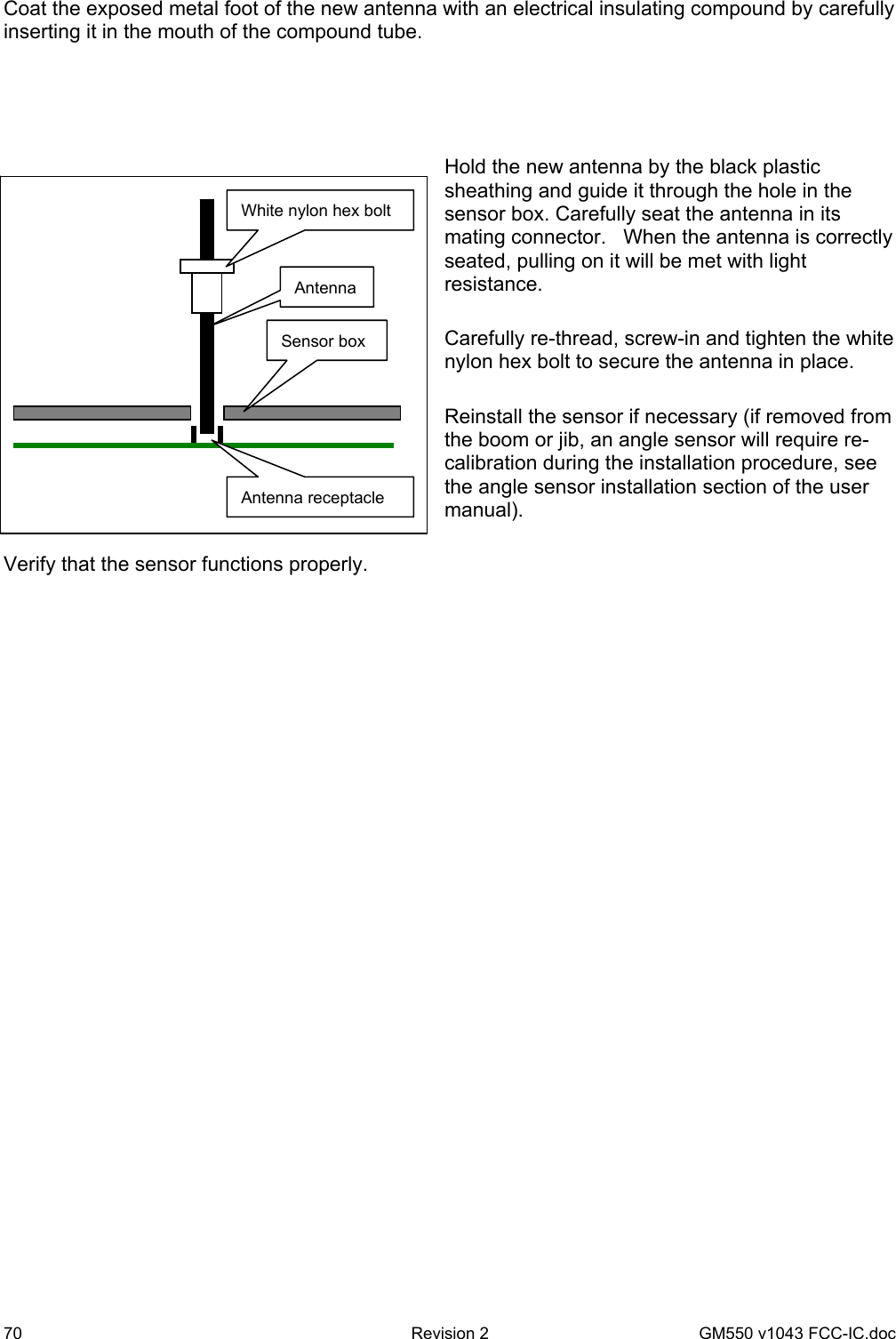 70  Revision 2   GM550 v1043 FCC-IC.doc Coat the exposed metal foot of the new antenna with an electrical insulating compound by carefully inserting it in the mouth of the compound tube.     Hold the new antenna by the black plastic sheathing and guide it through the hole in the sensor box. Carefully seat the antenna in its mating connector.   When the antenna is correctly seated, pulling on it will be met with light resistance.   Carefully re-thread, screw-in and tighten the white nylon hex bolt to secure the antenna in place.  Reinstall the sensor if necessary (if removed from the boom or jib, an angle sensor will require re-calibration during the installation procedure, see the angle sensor installation section of the user manual).  Verify that the sensor functions properly.  White nylon hex bolt Antenna Sensor box Antenna receptacle 