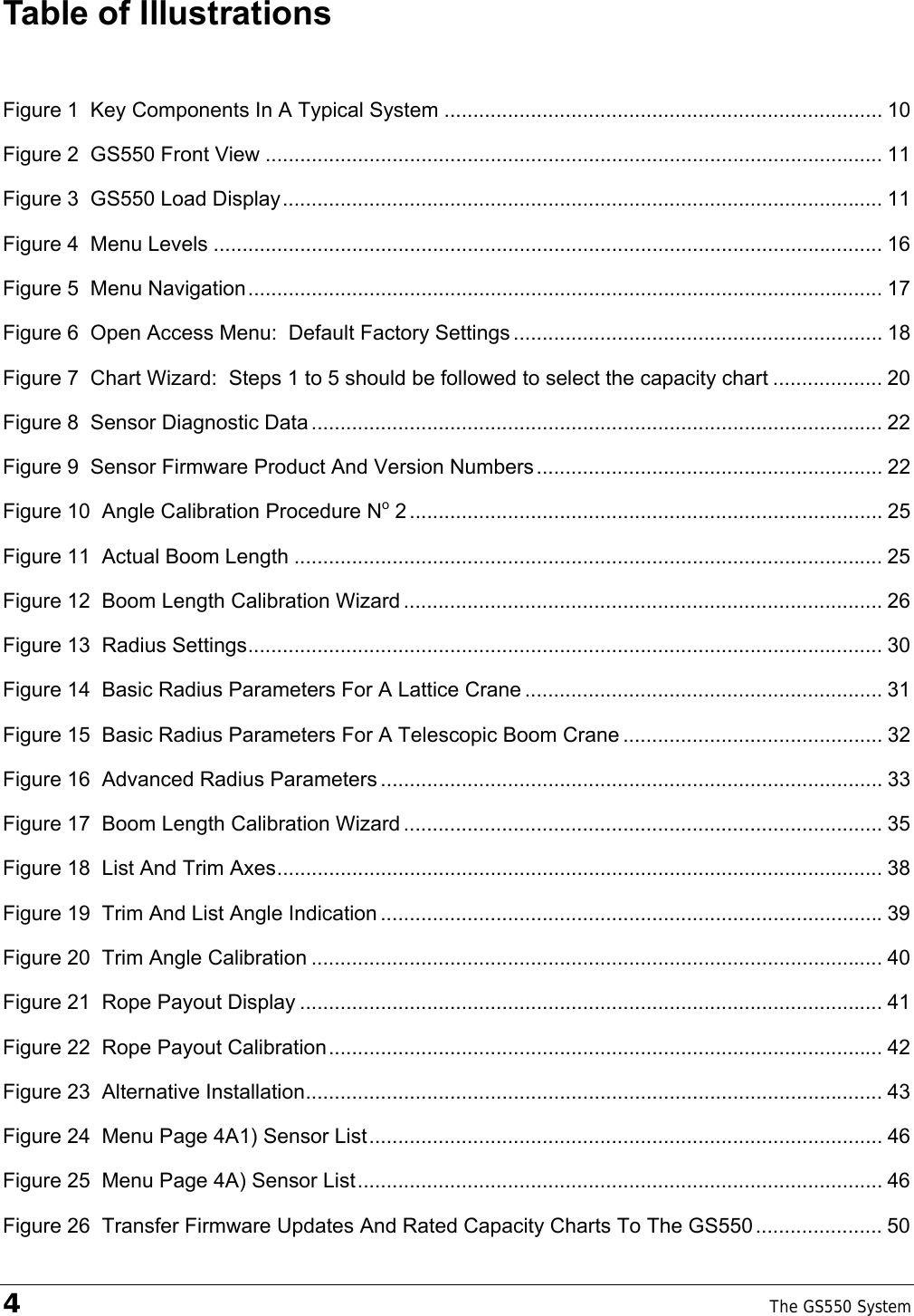 4    The GS550 System  Table of Illustrations  Figure 1  Key Components In A Typical System ............................................................................ 10 Figure 2  GS550 Front View ........................................................................................................... 11 Figure 3  GS550 Load Display........................................................................................................ 11 Figure 4  Menu Levels .................................................................................................................... 16 Figure 5  Menu Navigation.............................................................................................................. 17 Figure 6  Open Access Menu:  Default Factory Settings ................................................................ 18 Figure 7  Chart Wizard:  Steps 1 to 5 should be followed to select the capacity chart ................... 20 Figure 8  Sensor Diagnostic Data ................................................................................................... 22 Figure 9  Sensor Firmware Product And Version Numbers............................................................ 22 Figure 10  Angle Calibration Procedure No 2 .................................................................................. 25 Figure 11  Actual Boom Length ...................................................................................................... 25 Figure 12  Boom Length Calibration Wizard ................................................................................... 26 Figure 13  Radius Settings.............................................................................................................. 30 Figure 14  Basic Radius Parameters For A Lattice Crane .............................................................. 31 Figure 15  Basic Radius Parameters For A Telescopic Boom Crane ............................................. 32 Figure 16  Advanced Radius Parameters ....................................................................................... 33 Figure 17  Boom Length Calibration Wizard ................................................................................... 35 Figure 18  List And Trim Axes......................................................................................................... 38 Figure 19  Trim And List Angle Indication .......................................................................................39 Figure 20  Trim Angle Calibration ................................................................................................... 40 Figure 21  Rope Payout Display ..................................................................................................... 41 Figure 22  Rope Payout Calibration................................................................................................ 42 Figure 23  Alternative Installation.................................................................................................... 43 Figure 24  Menu Page 4A1) Sensor List......................................................................................... 46 Figure 25  Menu Page 4A) Sensor List........................................................................................... 46 Figure 26  Transfer Firmware Updates And Rated Capacity Charts To The GS550...................... 50 