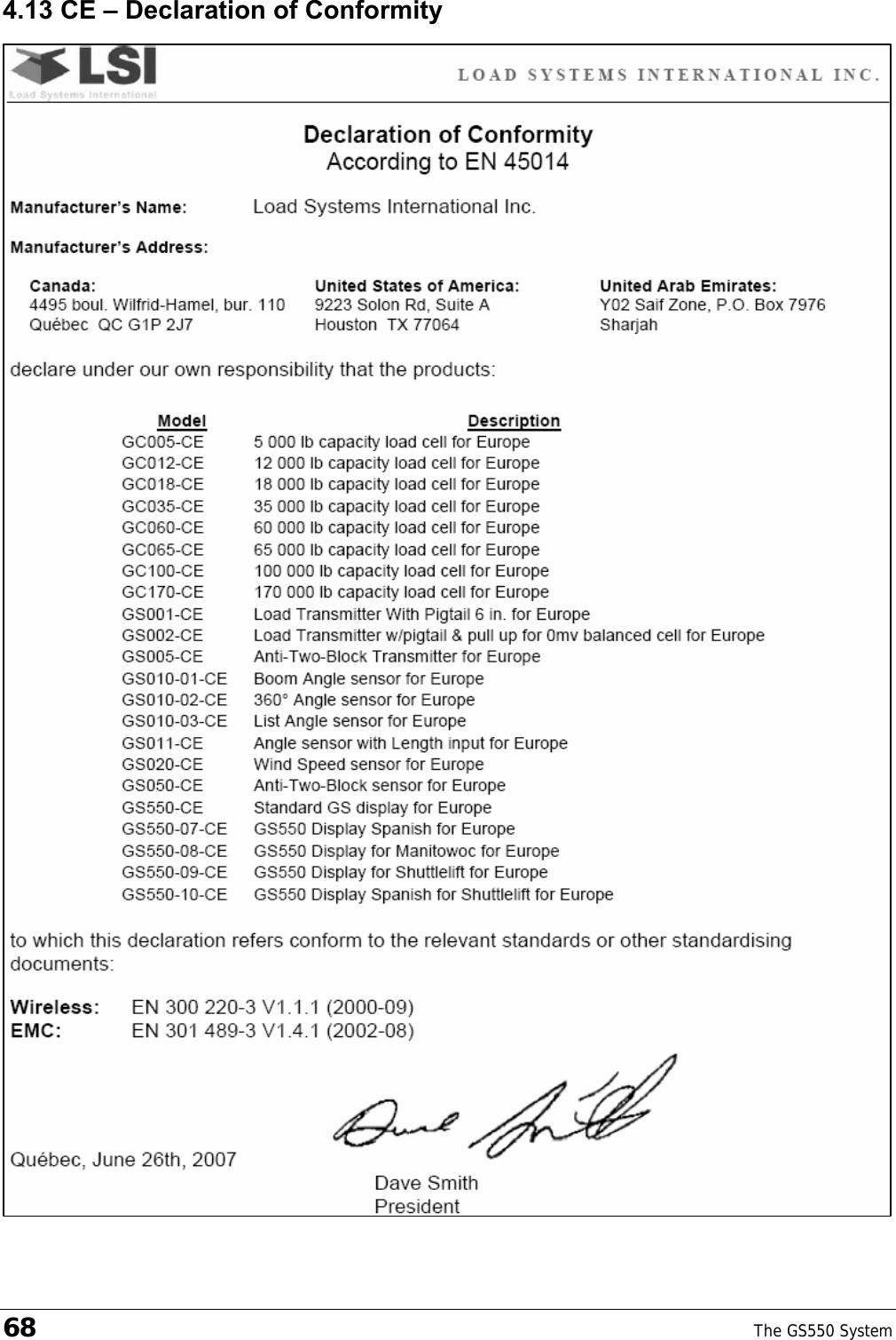 68    The GS550 System  4.13 CE – Declaration of Conformity   