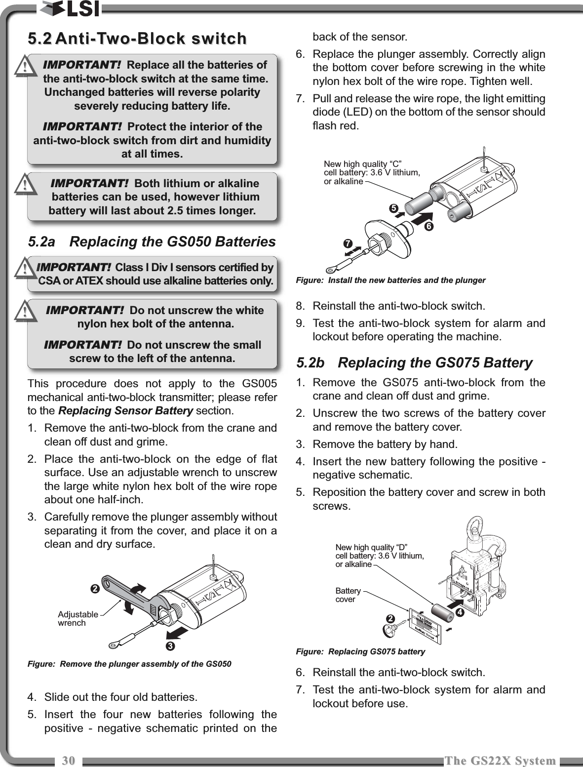 3030 The GS22X SystemThe GS22X System5.25.2 Anti-Two-Block switchAnti-Two-Block switch5.2a Replacing the GS050 BatteriesThis procedure does not apply to the GS005mechanical anti-two-block transmitter; please referto the Replacing Sensor Battery section.1. Remove the anti-two-block from the crane andclean off dust and grime.2. Place the anti-two-block on the edge of flatsurface. Use an adjustable wrench to unscrewthe large white nylon hex bolt of the wire ropeabout one half-inch.3. Carefully remove the plunger assembly withoutseparating it from the cover, and place it on aclean and dry surface.4. Slide out the four old batteries.5. Insert the four new batteries following thepositive - negative schematic printed on theback of the sensor.6. Replace the plunger assembly. Correctly alignthe bottom cover before screwing in the whitenylon hex bolt of the wire rope. Tighten well.7. Pull and release the wire rope, the light emittingdiode (LED) on the bottom of the sensor shouldflash red.8. Reinstall the anti-two-block switch.9. Test the anti-two-block system for alarm andlockout before operating the machine.5.2b Replacing the GS075 Battery1. Remove the GS075 anti-two-block from thecrane and clean off dust and grime.2. Unscrew the two screws of the battery coverand remove the battery cover.3. Remove the battery by hand.4. Insert the new battery following the positive -negative schematic.5. Reposition the battery cover and screw in bothscrews.6. Reinstall the anti-two-block switch.7. Test the anti-two-block system for alarm andlockout before use.23AdjustablewrenchFigure: Remove the plunger assembly of the GS050657New high quality “C”cell battery: 3.6 V lithium,or alkalineFigure: Install the new batteries and the plungerIMPORTANT! Replace all the batteries ofthe anti-two-block switch at the same time.Unchanged batteries will reverse polarityseverely reducing battery life.IMPORTANT!Protect the interior of theanti-two-block switch from dirt and humidityat all times.!!IMPORTANT! Do not unscrew the whitenylon hex bolt of the antenna.IMPORTANT!Do not unscrew the smallscrew to the left of the antenna.!!IMPORTANT!Class I Div I sensors certified byCSA or ATEX should use alkaline batteries only.!!New high quality “D”cell battery: 3.6 V lithium,or alkalineBatterycover42Figure: Replacing GS075 batteryIMPORTANT! Both lithium or alkalinebatteries can be used, however lithiumbattery will last about 2.5 times longer.!!