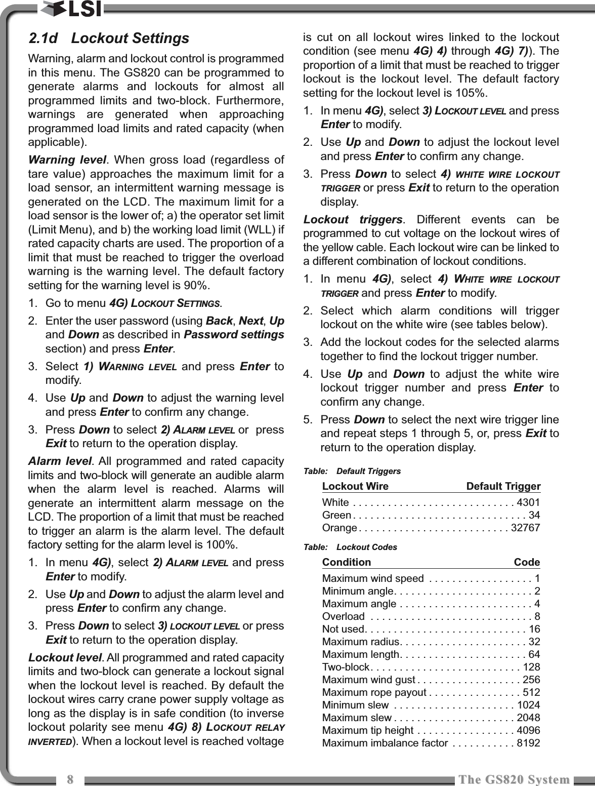 88The GS820 SystemThe GS820 System2.1d Lockout SettingsWarning, alarm and lockout control is programmedin this menu. The GS820 can be programmed togenerate alarms and lockouts for almost allprogrammed limits and two-block. Furthermore,warnings are generated when approachingprogrammed load limits and rated capacity (whenapplicable). Warning level. When gross load (regardless oftare value) approaches the maximum limit for aload sensor, an intermittent warning message isgenerated on the LCD. The maximum limit for aload sensor is the lower of; a) the operator set limit(Limit Menu), and b) the working load limit (WLL) ifrated capacity charts are used. The proportion of alimit that must be reached to trigger the overloadwarning is the warning level. The default factorysetting for the warning level is 90%.1. Go to menu 4G) LOCKOUT SETTINGS.2. Enter the user password (using Back, Next, Upand Down as described in Password settingssection) and press Enter.3. Select 1) WARNING LEVEL and press Enter tomodify.4. Use Up and Down to adjust the warning leveland press Enter to confirm any change.3. Press Down to select 2) ALARM LEVEL or  pressExit to return to the operation display.Alarm level. All programmed and rated capacitylimits and two-block will generate an audible alarmwhen the alarm level is reached. Alarms willgenerate an intermittent alarm message on theLCD. The proportion of a limit that must be reachedto trigger an alarm is the alarm level. The defaultfactory setting for the alarm level is 100%.1. In menu 4G), select 2) ALARM LEVEL and pressEnter to modify.2. Use Up and Down to adjust the alarm level andpress Enter to confirm any change.3. Press Down to select 3) LOCKOUT LEVEL or pressExit to return to the operation display.Lockout level. All programmed and rated capacitylimits and two-block can generate a lockout signalwhen the lockout level is reached. By default thelockout wires carry crane power supply voltage aslong as the display is in safe condition (to inverselockout polarity see menu 4G) 8) LOCKOUT RELAYINVERTED). When a lockout level is reached voltageis cut on all lockout wires linked to the lockoutcondition (see menu 4G) 4) through 4G) 7)). Theproportion of a limit that must be reached to triggerlockout is the lockout level. The default factorysetting for the lockout level is 105%. 1. In menu 4G), select 3) LOCKOUT LEVEL and pressEnter to modify.2. Use Up and Down to adjust the lockout leveland press Enter to confirm any change.3. Press Down to select 4) WHITE WIRE LOCKOUTTRIGGER or press Exit to return to the operationdisplay.Lockout triggers. Different events can beprogrammed to cut voltage on the lockout wires ofthe yellow cable. Each lockout wire can be linked toa different combination of lockout conditions.1. In menu 4G), select 4) WHITE WIRE LOCKOUTTRIGGER and press Enter to modify.2. Select which alarm conditions will triggerlockout on the white wire (see tables below).3. Add the lockout codes for the selected alarmstogether to find the lockout trigger number. 4. Use  Up and  Down to adjust the white wirelockout trigger number and press Enter toconfirm any change.5. Press Down to select the next wire trigger lineand repeat steps 1 through 5, or, press Exit toreturn to the operation display.Table: Default TriggersLockout Wire Default TriggerWhite . . . . . . . . . . . . . . . . . . . . . . . . . . . . 4301Green . . . . . . . . . . . . . . . . . . . . . . . . . . . . . . 34Orange . . . . . . . . . . . . . . . . . . . . . . . . . . 32767Table: Lockout CodesCondition CodeMaximum wind speed . . . . . . . . . . . . . . . . . . 1Minimum angle. . . . . . . . . . . . . . . . . . . . . . . . 2Maximum angle . . . . . . . . . . . . . . . . . . . . . . . 4Overload . . . . . . . . . . . . . . . . . . . . . . . . . . . . 8Not used. . . . . . . . . . . . . . . . . . . . . . . . . . . . 16Maximum radius. . . . . . . . . . . . . . . . . . . . . . 32Maximum length. . . . . . . . . . . . . . . . . . . . . . 64Two-block. . . . . . . . . . . . . . . . . . . . . . . . . . 128Maximum wind gust . . . . . . . . . . . . . . . . . . 256Maximum rope payout . . . . . . . . . . . . . . . . 512Minimum slew . . . . . . . . . . . . . . . . . . . . . 1024Maximum slew . . . . . . . . . . . . . . . . . . . . . 2048Maximum tip height . . . . . . . . . . . . . . . . . 4096Maximum imbalance factor . . . . . . . . . . . 8192