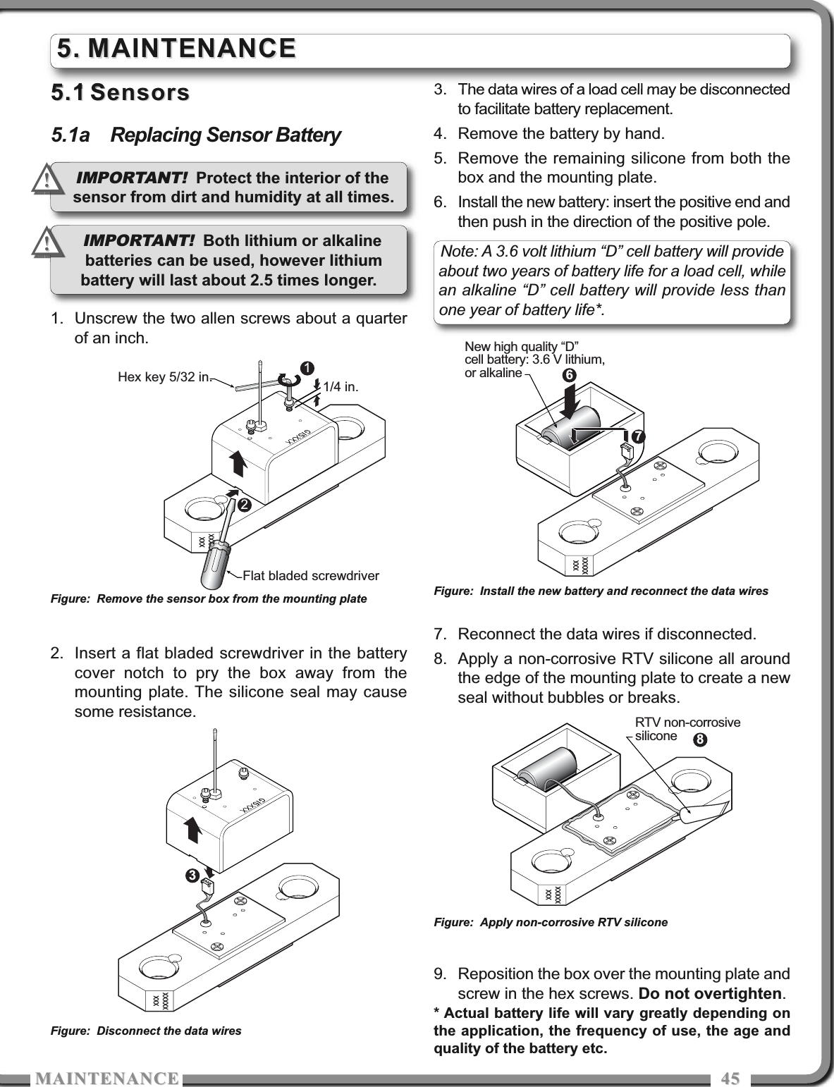 MAITEACEMAITEACE 45455.15.1 SensorsSensors5.1a Replacing Sensor Battery1. Unscrew the two allen screws about a quarterof an inch.2. Insert a flat bladed screwdriver in the batterycover notch to pry the box away from themounting plate. The silicone seal may causesome resistance.3. The data wires of a load cell may be disconnectedto facilitate battery replacement.4. Remove the battery by hand.5. Remove the remaining silicone from both thebox and the mounting plate.6. Install the new battery: insert the positive end andthen push in the direction of the positive pole.7. Reconnect the data wires if disconnected.8. Apply a non-corrosive RTV silicone all aroundthe edge of the mounting plate to create a newseal without bubbles or breaks.9. Reposition the box over the mounting plate andscrew in the hex screws. Do not overtighten.5.5. MAINTENANCEMAINTENANCE1/4 in.12Hex key 5/32 in.Flat bladed screwdriver67New high quality “D”cell battery: 3.6 V lithium,or alkalineFigure: Remove the sensor box from the mounting plate* Actual battery life will vary greatly depending onthe application, the frequency of use, the age andquality of the battery etc.3Figure: Disconnect the data wires8RTV non-corrosivesiliconeFigure: Install the new battery and reconnect the data wiresFigure: Apply non-corrosive RTV siliconeIMPORTANT! Protect the interior of thesensor from dirt and humidity at all times.!!Note: A 3.6 volt lithium “D” cell battery will provideabout two years of battery life for a load cell, whilean alkaline “D” cell battery will provide less thanone year of battery life*. IMPORTANT! Both lithium or alkalinebatteries can be used, however lithiumbattery will last about 2.5 times longer.!!