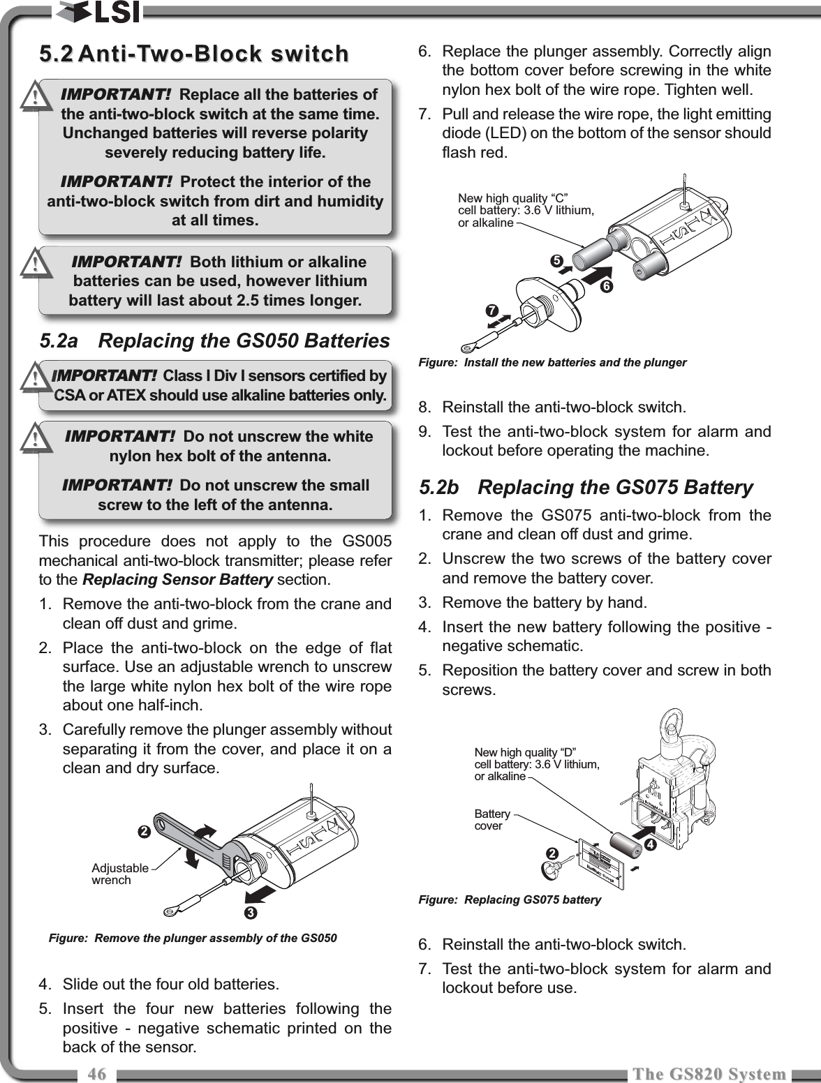 4646 The GS820 SystemThe GS820 System5.25.2 Anti-Two-Block switchAnti-Two-Block switch5.2a Replacing the GS050 BatteriesThis procedure does not apply to the GS005mechanical anti-two-block transmitter; please referto the Replacing Sensor Battery section.1. Remove the anti-two-block from the crane andclean off dust and grime.2. Place the anti-two-block on the edge of flatsurface. Use an adjustable wrench to unscrewthe large white nylon hex bolt of the wire ropeabout one half-inch.3. Carefully remove the plunger assembly withoutseparating it from the cover, and place it on aclean and dry surface.4. Slide out the four old batteries.5. Insert the four new batteries following thepositive - negative schematic printed on theback of the sensor.6. Replace the plunger assembly. Correctly alignthe bottom cover before screwing in the whitenylon hex bolt of the wire rope. Tighten well.7. Pull and release the wire rope, the light emittingdiode (LED) on the bottom of the sensor shouldflash red.8. Reinstall the anti-two-block switch.9. Test the anti-two-block system for alarm andlockout before operating the machine.5.2b Replacing the GS075 Battery1. Remove the GS075 anti-two-block from thecrane and clean off dust and grime.2. Unscrew the two screws of the battery coverand remove the battery cover.3. Remove the battery by hand.4. Insert the new battery following the positive -negative schematic.5. Reposition the battery cover and screw in bothscrews.6. Reinstall the anti-two-block switch.7. Test the anti-two-block system for alarm andlockout before use.23AdjustablewrenchFigure: Remove the plunger assembly of the GS050657New high quality “C”cell battery: 3.6 V lithium,or alkalineFigure: Install the new batteries and the plungerIMPORTANT! Replace all the batteries ofthe anti-two-block switch at the same time.Unchanged batteries will reverse polarityseverely reducing battery life.IMPORTANT!Protect the interior of theanti-two-block switch from dirt and humidityat all times.!!IMPORTANT! Do not unscrew the whitenylon hex bolt of the antenna.IMPORTANT!Do not unscrew the smallscrew to the left of the antenna.!!IMPORTANT!Class I Div I sensors certified byCSA or ATEX should use alkaline batteries only.!!New high quality “D”cell battery: 3.6 V lithium,or alkalineBatterycover42Figure: Replacing GS075 batteryIMPORTANT! Both lithium or alkalinebatteries can be used, however lithiumbattery will last about 2.5 times longer.!!