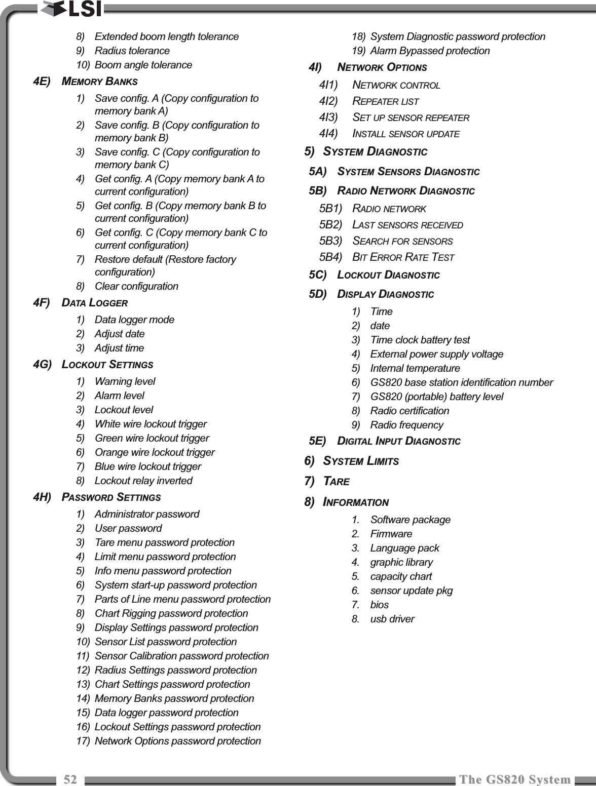 5252 The GS820 SystemThe GS820 System8) Extended boom length tolerance9) Radius tolerance10) Boom angle tolerance4E) MEMORY BANKS1) Save config. A (Copy configuration tomemory bank A)2) Save config. B (Copy configuration tomemory bank B)3) Save config. C (Copy configuration tomemory bank C)4) Get config. A (Copy memory bank A tocurrent configuration)5) Get config. B (Copy memory bank B tocurrent configuration)6) Get config. C (Copy memory bank C tocurrent configuration)7) Restore default (Restore factoryconfiguration)8) Clear configuration4F) DATA LOGGER1) Data logger mode2) Adjust date3) Adjust time4G) LOCKOUT SETTINGS1) Warning level2) Alarm level3) Lockout level4) White wire lockout trigger5) Green wire lockout trigger6) Orange wire lockout trigger7) Blue wire lockout trigger8) Lockout relay inverted4H) PASSWORD SETTINGS1) Administrator password2) User password3) Tare menu password protection4) Limit menu password protection5) Info menu password protection6) System start-up password protection7) Parts of Line menu password protection8) Chart Rigging password protection9) Display Settings password protection10) Sensor List password protection11) Sensor Calibration password protection12) Radius Settings password protection13) Chart Settings password protection14) Memory Banks password protection15) Data logger password protection16) Lockout Settings password protection17) Network Options password protection18) System Diagnostic password protection19) Alarm Bypassed protection4I) NETWORK OPTIONS4I1) NETWORK CONTROL4I2) REPEATER LIST4I3) SET UP SENSOR REPEATER4I4) INSTALL SENSOR UPDATE5) SYSTEM DIAGNOSTIC5A) SYSTEM SENSORS DIAGNOSTIC5B) RADIO NETWORK DIAGNOSTIC5B1) RADIO NETWORK5B2) LAST SENSORS RECEIVED5B3) SEARCH FOR SENSORS5B4) BIT ERROR RATE TEST5C) LOCKOUT DIAGNOSTIC5D) DISPLAY DIAGNOSTIC1) Time2) date3) Time clock battery test4) External power supply voltage5) Internal temperature6) GS820 base station identification number7) GS820 (portable) battery level8) Radio certification9) Radio frequency5E) DIGITAL INPUT DIAGNOSTIC6) SYSTEM LIMITS7) TARE8) INFORMATION1. Software package2. Firmware3. Language pack4. graphic library5. capacity chart6. sensor update pkg7. bios8. usb driver