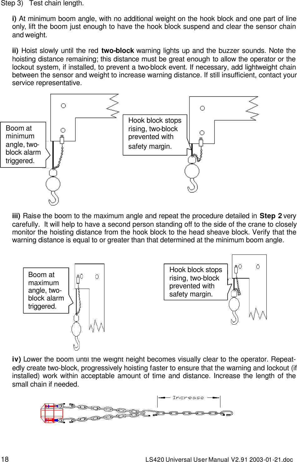 18 LS420 Universal User Manual V2.91 2003-01 -21.doc Step 3) Test chain length.  i) At minimum boom angle, with no additional weight on the hook block and one part of line only, lift the boom just enough to have the hook block suspend and clear the sensor chain and weight.  ii) Hoist slowly until the red two-block warning lights up and the buzzer sounds. Note the hoisting distance remaining; this distance must be great enough to allow the operator or the lockout system, if installed, to prevent a two-block event. If necessary, add lightweight chain between the sensor and weight to increase warning distance. If still insufficient, contact your service representative. iii) Raise the boom to the maximum angle and repeat the procedure detailed in Step 2 very carefully.  It will help to have a second person standing off to the side of the crane to closely monitor the hoisting distance from the hook block to the head sheave block. Verify that the warning distance is equal to or greater than that determined at the minimum boom angle.               iv) Lower the boom until the weight height becomes visually clear to the operator. Repeat-edly create two-block, progressively hoisting faster to ensure that the warning and lockout (if installed) work within acceptable amount of time and distance. Increase the length of the small chain if needed.  Boom at minimum angle, two-block alarm triggered. Hook block stops rising, two-block prevented with safety margin. Boom at maximum angle, two-block alarm triggered. Hook block stops rising, two-block prevented with safety margin. 