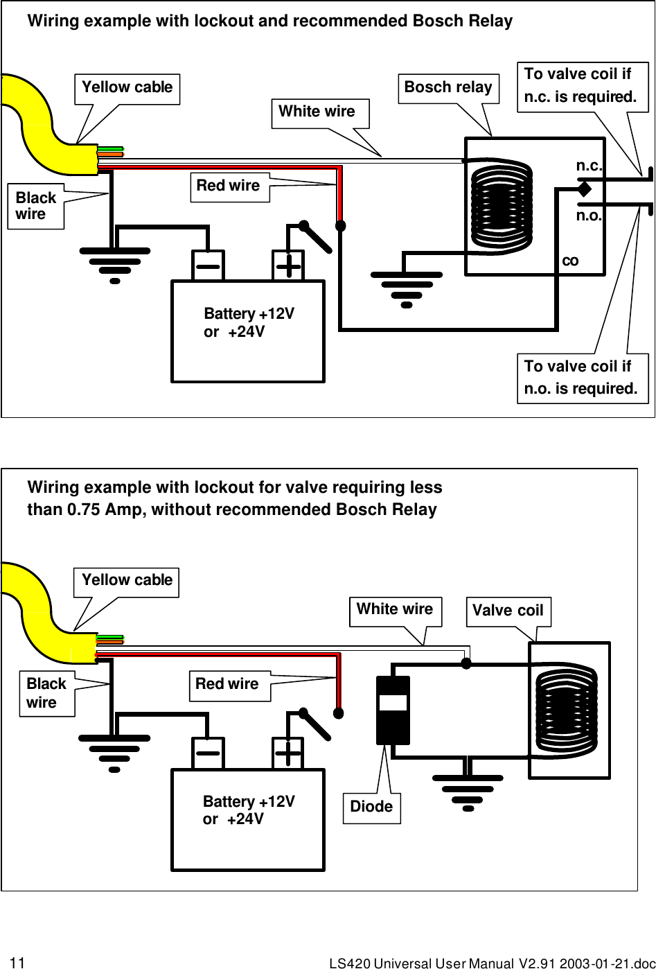 11 LS420 Universal User Manual V2.91 2003-01 -21.doc                                                         Battery +12V or  +24V Black wire Red wire White wire Diode Valve coil Yellow cableWiring example with lockout for valve requiring less than 0.75 Amp, without recommended Bosch Relay Wiring example with lockout and recommended Bosch Relay Battery +12V or  +24V n.c. n.o. co Black wire Red wire White wire Bosch relay To valve coil if n.c. is required. To valve coil if n.o. is required. Yellow cable