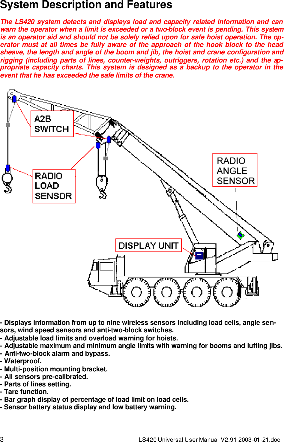 3 LS420 Universal User Manual V2.91 2003-01 -21.doc System Description and Features  The LS420 system detects and displays load and capacity related information and can warn the operator when a limit is exceeded or a two-block event is pending. This system is an operator aid and should not be solely relied upon for safe hoist operation. The op-erator must at all times be fully aware of the approach of the hook block to the head sheave, the length and angle of the boom and jib, the hoist and crane configuration and rigging (including parts of lines, counter-weights, outriggers, rotation etc.) and the ap-propriate capacity charts. This system is designed as a backup to the operator in the event that he has exceeded the safe limits of the crane.   - Displays information from up to nine wireless sensors including load cells, angle sen-sors, wind speed sensors and anti-two-block switches. - Adjustable load limits and overload warning for hoists. - Adjustable maximum and minimum angle limits with warning for booms and luffing jibs. - Anti-two-block alarm and bypass. - Waterproof. - Multi-position mounting bracket. - All sensors pre-calibrated. - Parts of lines setting. - Tare function. - Bar graph display of percentage of load limit on load cells. - Sensor battery status display and low battery warning. 