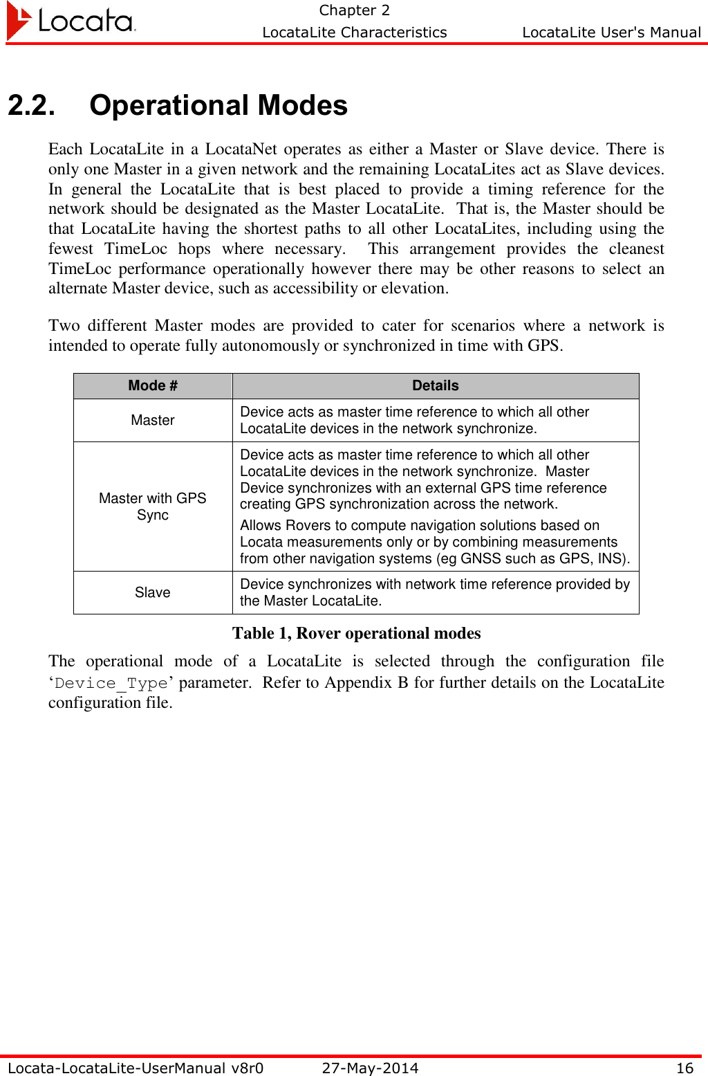   Chapter 2     LocataLite Characteristics  LocataLite User&apos;s Manual    Locata-LocataLite-UserManual v8r0 27-May-2014 16  2.2. Operational Modes Each LocataLite in a LocataNet operates  as either a Master or Slave device.  There is only one Master in a given network and the remaining LocataLites act as Slave devices.  In  general  the  LocataLite  that  is  best  placed  to  provide  a  timing  reference  for  the network should be designated as the Master LocataLite.  That is, the Master should be that LocataLite having the shortest paths to all  other LocataLites, including using the fewest  TimeLoc  hops  where  necessary.    This  arrangement  provides  the  cleanest TimeLoc  performance operationally  however  there  may  be  other  reasons  to  select  an alternate Master device, such as accessibility or elevation. Two  different  Master  modes  are  provided  to  cater  for  scenarios  where  a  network  is intended to operate fully autonomously or synchronized in time with GPS. Mode # Details Master Device acts as master time reference to which all other LocataLite devices in the network synchronize. Master with GPS Sync Device acts as master time reference to which all other LocataLite devices in the network synchronize.  Master Device synchronizes with an external GPS time reference creating GPS synchronization across the network. Allows Rovers to compute navigation solutions based on Locata measurements only or by combining measurements from other navigation systems (eg GNSS such as GPS, INS). Slave Device synchronizes with network time reference provided by the Master LocataLite. Table 1, Rover operational modes The  operational  mode  of  a  LocataLite  is  selected  through  the  configuration  file ‘Device_Type’ parameter.  Refer to Appendix B for further details on the LocataLite configuration file. 