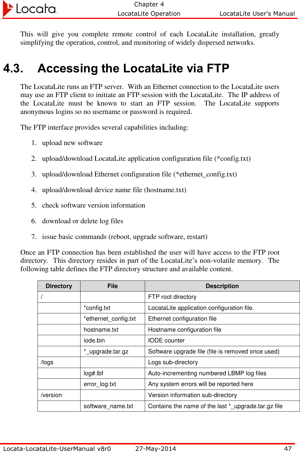   Chapter 4     LocataLite Operation  LocataLite User&apos;s Manual    Locata-LocataLite-UserManual v8r0 27-May-2014 47  This  will  give  you  complete  remote  control  of  each  LocataLite  installation,  greatly simplifying the operation, control, and monitoring of widely dispersed networks. 4.3. Accessing the LocataLite via FTP The LocataLite runs an FTP server.  With an Ethernet connection to the LocataLite users may use an FTP client to initiate an FTP session with the LocataLite.  The IP address of the  LocataLite  must  be  known  to  start  an  FTP  session.    The  LocataLite  supports anonymous logins so no username or password is required.   The FTP interface provides several capabilities including: 1. upload new software 2. upload/download LocataLite application configuration file (*config.txt) 3. upload/download Ethernet configuration file (*ethernet_config.txt) 4. upload/download device name file (hostname.txt) 5. check software version information 6. download or delete log files 7. issue basic commands (reboot, upgrade software, restart) Once an FTP connection has been established the user will have access to the FTP root directory.  This directory resides in part of the LocataLite’s non-volatile memory.  The following table defines the FTP directory structure and available content. Directory File Description /  FTP root directory  *config.txt LocataLite application configuration file.  *ethernet_config.txt Ethernet configuration file  hostname.txt Hostname configuration file  iode.bin IODE counter  *_upgrade.tar.gz Software upgrade file (file is removed once used) /logs  Logs sub-directory  log#.lbf Auto-incrementing numbered LBMP log files  error_log.txt Any system errors will be reported here /version  Version information sub-directory  software_name.txt Contains the name of the last *_upgrade.tar.gz file 