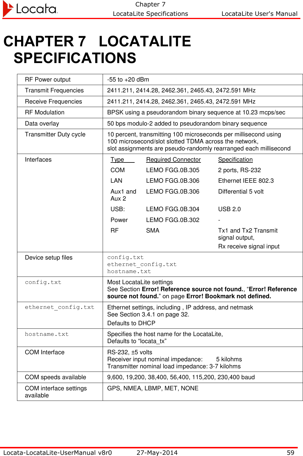   Chapter 7     LocataLite Specifications  LocataLite User&apos;s Manual    Locata-LocataLite-UserManual v8r0 27-May-2014 59  CHAPTER 7 LOCATALITE SPECIFICATIONS RF Power output -55 to +20 dBm Transmit Frequencies 2411.211, 2414.28, 2462.361, 2465.43, 2472.591 MHz Receive Frequencies 2411.211, 2414.28, 2462.361, 2465.43, 2472.591 MHz RF Modulation BPSK using a pseudorandom binary sequence at 10.23 mcps/sec Data overlay 50 bps modulo-2 added to pseudorandom binary sequence Transmitter Duty cycle 10 percent, transmitting 100 microseconds per millisecond using 100 microsecond/slot slotted TDMA across the network,  slot assignments are pseudo-randomly rearranged each millisecond Interfaces Type   Required Connector Specification COM LEMO FGG.0B.305 2 ports, RS-232 LAN LEMO FGG.0B.306 Ethernet IEEE 802.3 Aux1 and Aux 2 LEMO FGG.0B.306 Differential 5 volt USB:  LEMO FGG.0B.304 USB 2.0 Power LEMO FGG.0B.302 - RF SMA Tx1 and Tx2 Transmit signal output,  Rx receive signal input  Device setup files config.txt ethernet_config.txt hostname.txt config.txt Most LocataLite settings See Section Error! Reference source not found., “Error! Reference source not found.” on page Error! Bookmark not defined. ethernet_config.txt Ethernet settings, including , IP address, and netmask See Section 3.4.1 on page 32. Defaults to DHCP hostname.txt Specifies the host name for the LocataLite,  Defaults to “locata_tx” COM Interface RS-232, ±5 volts Receiver input nominal impedance:   5 kilohms Transmitter nominal load impedance: 3-7 kilohms COM speeds available 9,600, 19,200, 38,400, 56,400, 115,200, 230,400 baud COM interface settings available  GPS, NMEA, LBMP, MET, NONE 