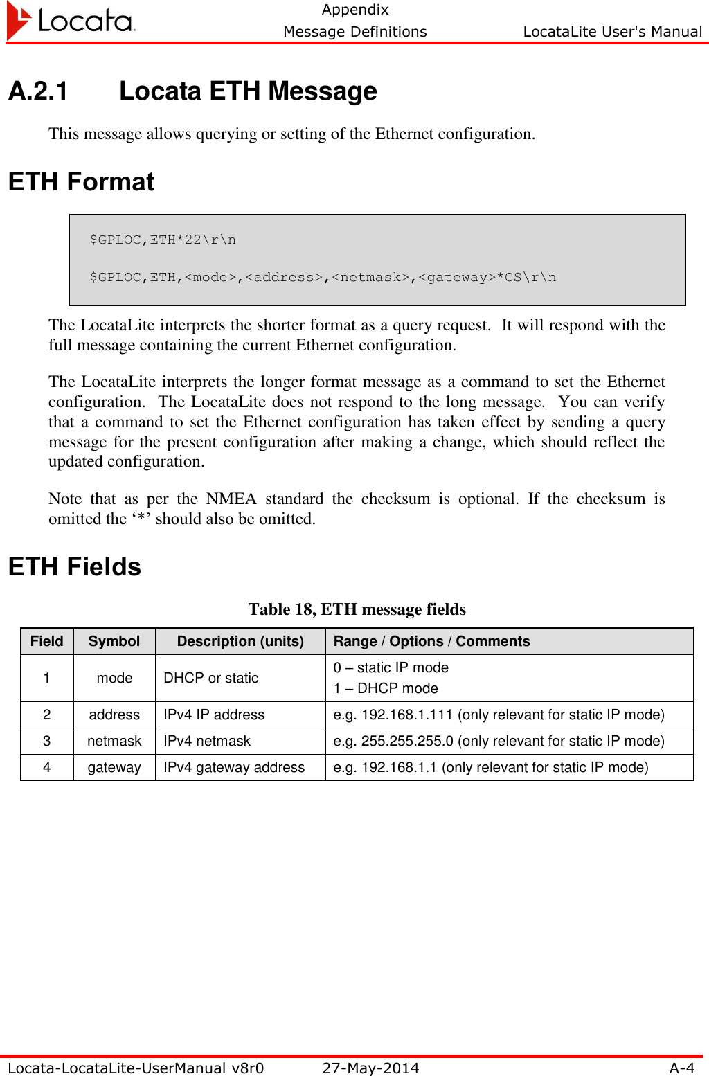   Appendix     Message Definitions  LocataLite User&apos;s Manual  Locata-LocataLite-UserManual v8r0 27-May-2014 A-4  A.2.1   Locata ETH Message This message allows querying or setting of the Ethernet configuration. ETH Format $GPLOC,ETH*22\r\n   $GPLOC,ETH,&lt;mode&gt;,&lt;address&gt;,&lt;netmask&gt;,&lt;gateway&gt;*CS\r\n The LocataLite interprets the shorter format as a query request.  It will respond with the full message containing the current Ethernet configuration.   The LocataLite interprets the longer format message as a command to set the Ethernet configuration.  The LocataLite does not respond to the long message.  You can verify that a command to set the Ethernet configuration has taken effect by sending a query message for the present configuration after making a change, which should reflect the updated configuration. Note  that  as  per  the  NMEA  standard  the  checksum  is  optional.  If  the  checksum  is omitted the ‘*’ should also be omitted. ETH Fields Table 18, ETH message fields Field Symbol Description (units) Range / Options / Comments 1 mode DHCP or static 0 – static IP mode 1 – DHCP mode 2 address IPv4 IP address e.g. 192.168.1.111 (only relevant for static IP mode) 3 netmask IPv4 netmask e.g. 255.255.255.0 (only relevant for static IP mode) 4 gateway IPv4 gateway address e.g. 192.168.1.1 (only relevant for static IP mode)  