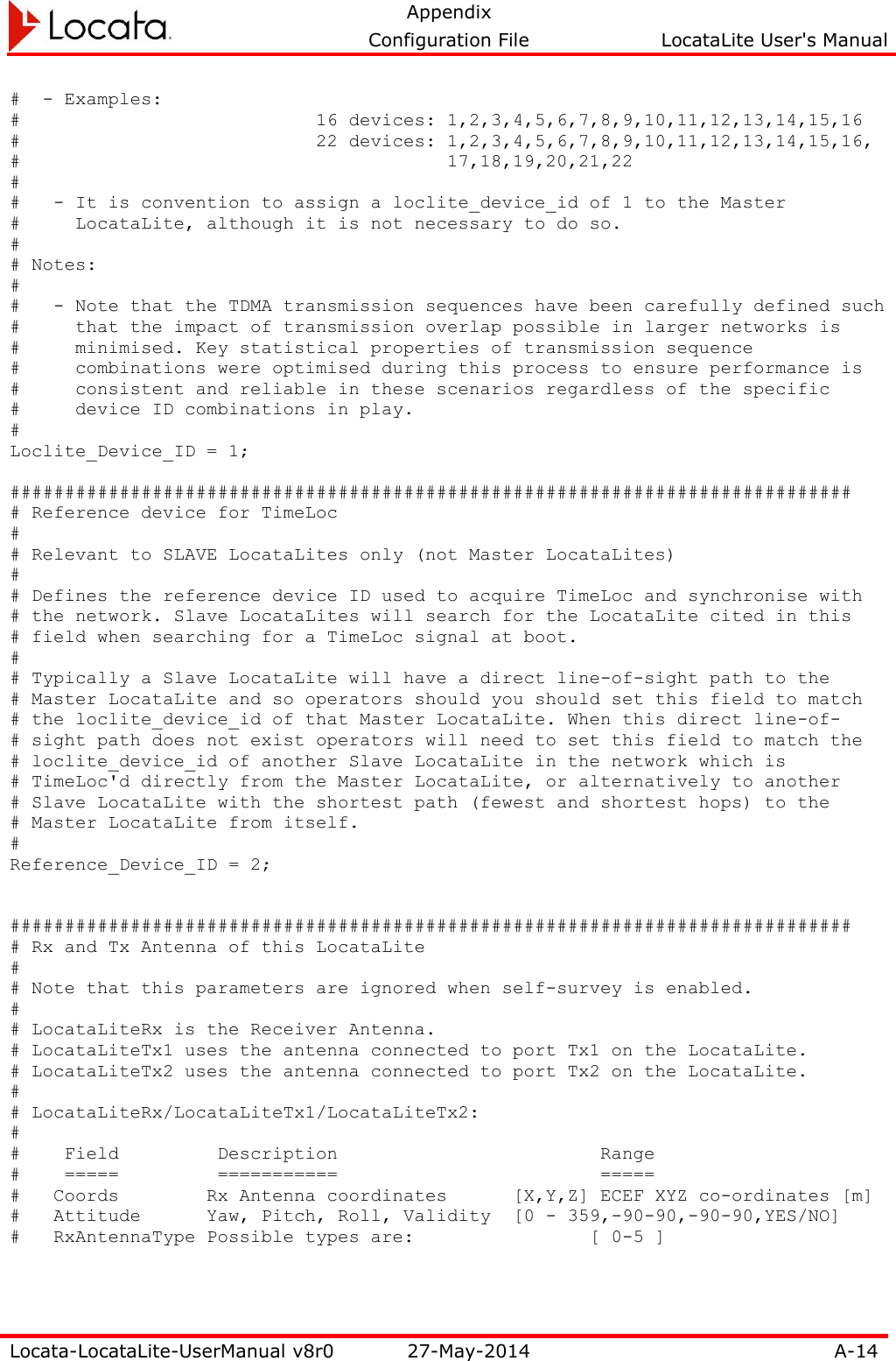   Appendix     Configuration File  LocataLite User&apos;s Manual  Locata-LocataLite-UserManual v8r0 27-May-2014 A-14  #  - Examples: #                           16 devices: 1,2,3,4,5,6,7,8,9,10,11,12,13,14,15,16 #                           22 devices: 1,2,3,4,5,6,7,8,9,10,11,12,13,14,15,16, #                                       17,18,19,20,21,22 # #   - It is convention to assign a loclite_device_id of 1 to the Master #     LocataLite, although it is not necessary to do so. # # Notes: # #   - Note that the TDMA transmission sequences have been carefully defined such #     that the impact of transmission overlap possible in larger networks is #     minimised. Key statistical properties of transmission sequence #     combinations were optimised during this process to ensure performance is #     consistent and reliable in these scenarios regardless of the specific #     device ID combinations in play. # Loclite_Device_ID = 1;  ############################################################################# # Reference device for TimeLoc # # Relevant to SLAVE LocataLites only (not Master LocataLites) # # Defines the reference device ID used to acquire TimeLoc and synchronise with # the network. Slave LocataLites will search for the LocataLite cited in this # field when searching for a TimeLoc signal at boot. # # Typically a Slave LocataLite will have a direct line-of-sight path to the # Master LocataLite and so operators should you should set this field to match # the loclite_device_id of that Master LocataLite. When this direct line-of- # sight path does not exist operators will need to set this field to match the # loclite_device_id of another Slave LocataLite in the network which is # TimeLoc&apos;d directly from the Master LocataLite, or alternatively to another # Slave LocataLite with the shortest path (fewest and shortest hops) to the # Master LocataLite from itself. # Reference_Device_ID = 2;   ############################################################################# # Rx and Tx Antenna of this LocataLite # # Note that this parameters are ignored when self-survey is enabled. # # LocataLiteRx is the Receiver Antenna. # LocataLiteTx1 uses the antenna connected to port Tx1 on the LocataLite. # LocataLiteTx2 uses the antenna connected to port Tx2 on the LocataLite. # # LocataLiteRx/LocataLiteTx1/LocataLiteTx2: # #    Field         Description                        Range #    =====         ===========                        ===== #   Coords        Rx Antenna coordinates      [X,Y,Z] ECEF XYZ co-ordinates [m] #   Attitude      Yaw, Pitch, Roll, Validity  [0 - 359,-90-90,-90-90,YES/NO] #   RxAntennaType Possible types are:                [ 0-5 ] 