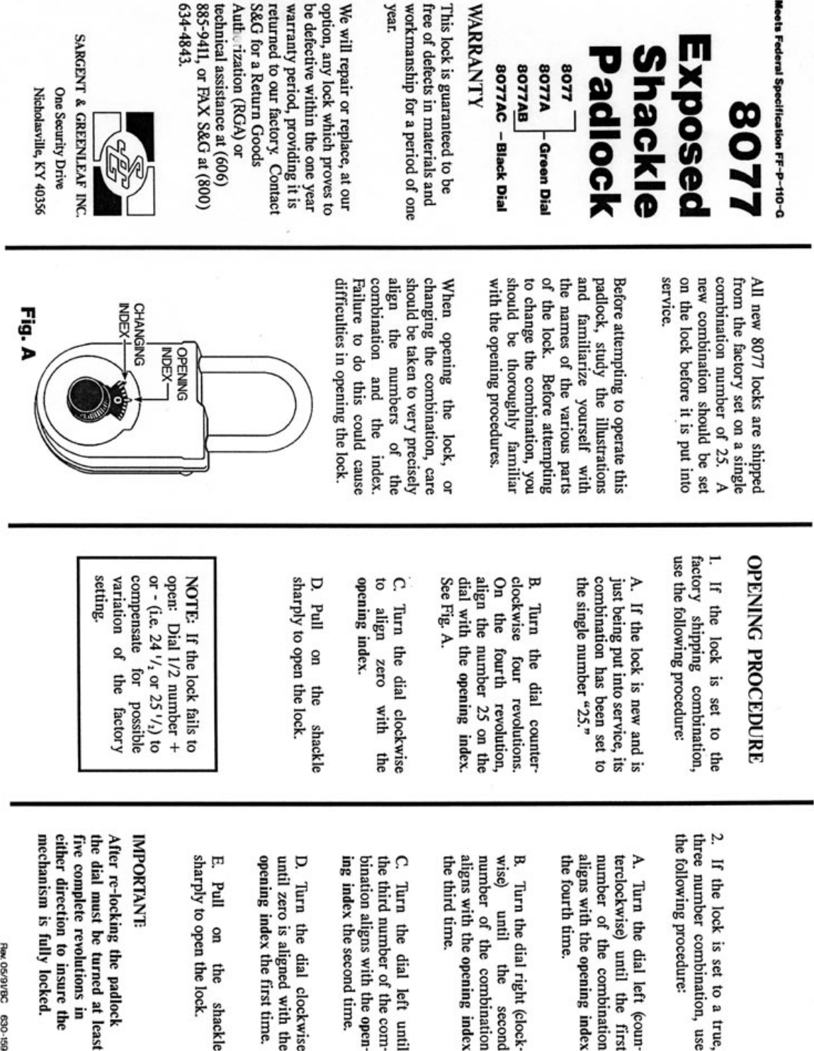 Page 1 of 4 - Locks  8077A, 8077AB, 8077AC, 8077D Padlock Instructions 630-159 630-278 8077 Pad