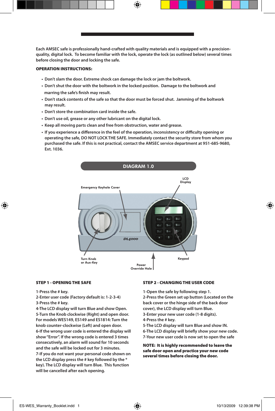 Page 1 of 6 - Locks ES-WES_Warranty_Booklet ES-WES DL4000 Digital Instructions AMSEC Instr