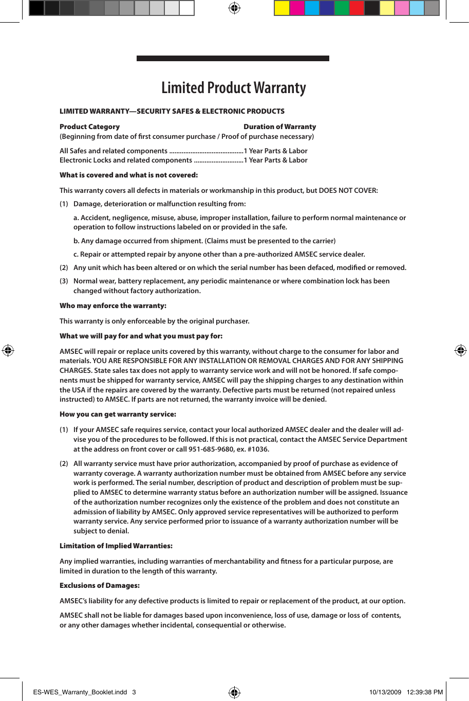 Page 3 of 6 - Locks ES-WES_Warranty_Booklet ES-WES DL4000 Digital Instructions AMSEC Instr
