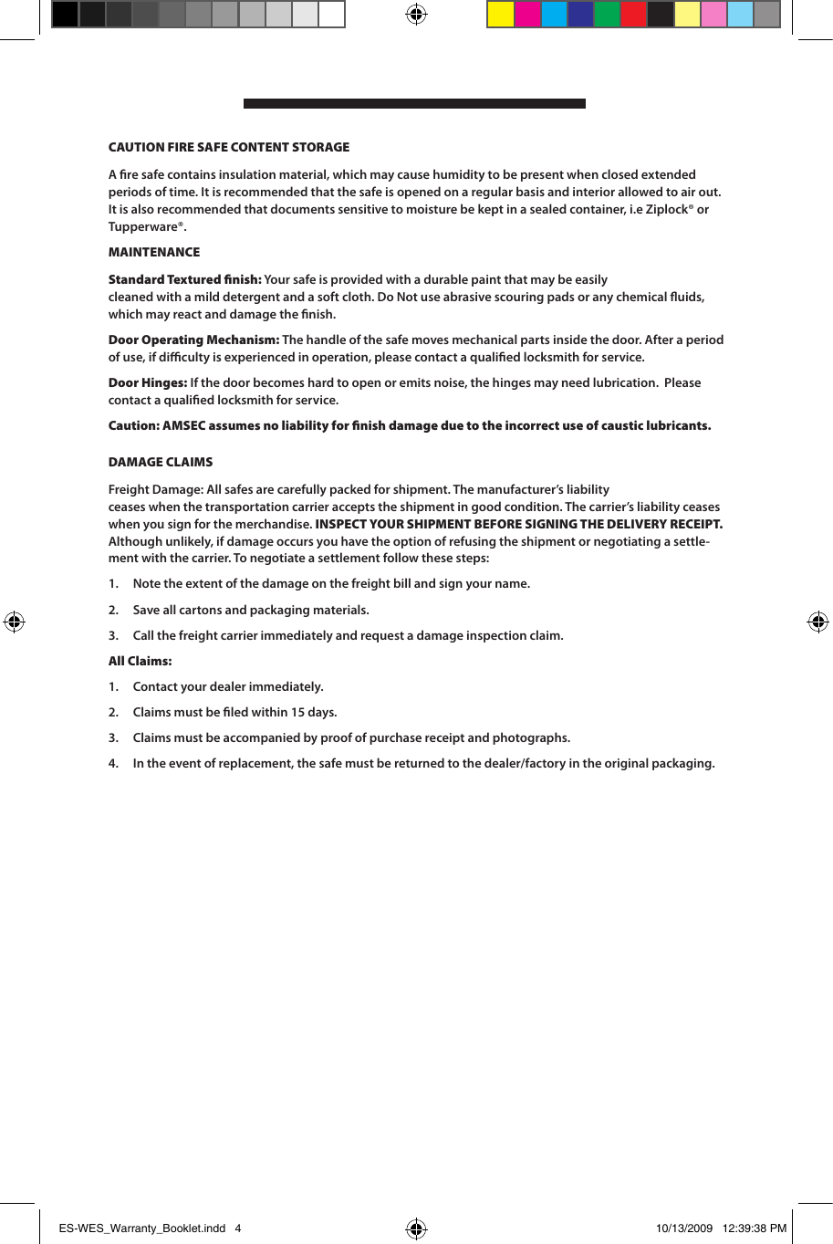 Page 4 of 6 - Locks ES-WES_Warranty_Booklet ES-WES DL4000 Digital Instructions AMSEC Instr