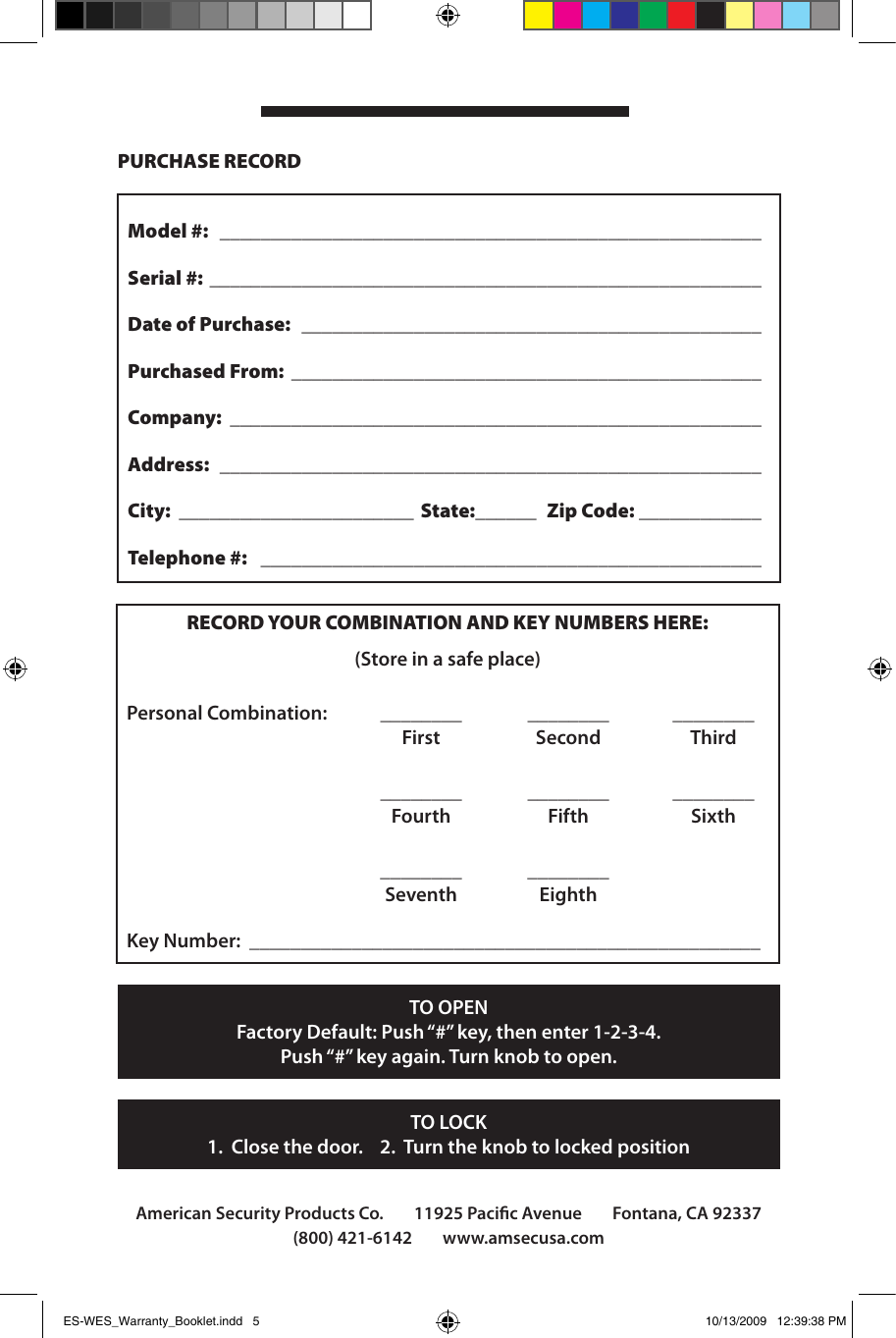 Page 5 of 6 - Locks ES-WES_Warranty_Booklet ES-WES DL4000 Digital Instructions AMSEC Instr