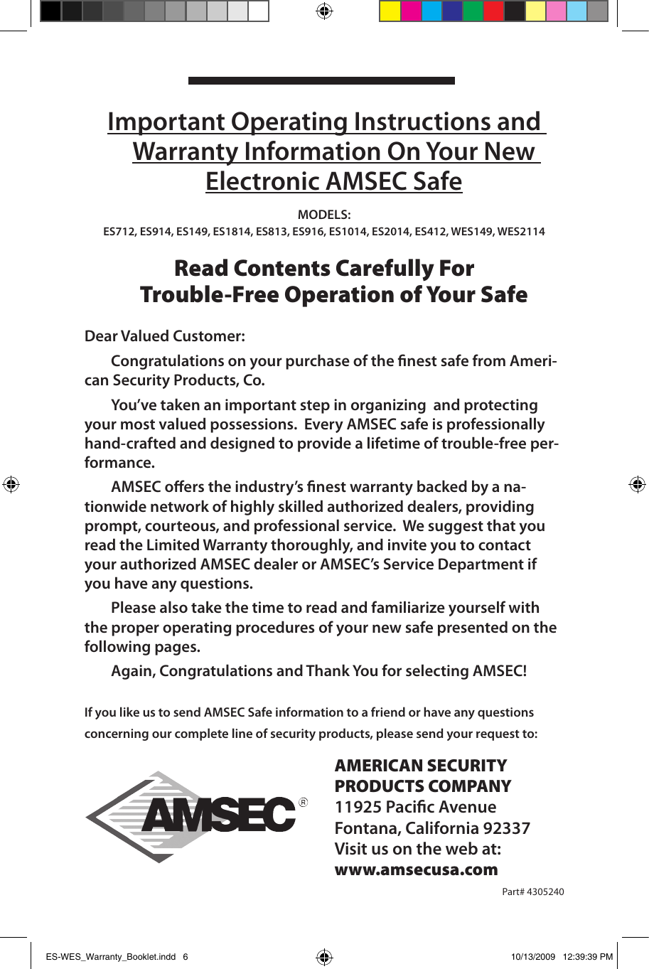 Page 6 of 6 - Locks ES-WES_Warranty_Booklet ES-WES DL4000 Digital Instructions AMSEC Instr