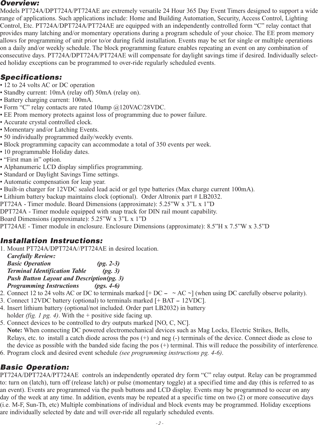 Page 2 of 8 - Locks  Altronix PT724A Time Controller Installation Guide Altronix-PT724A-Timer-Controller-Installation-Guide