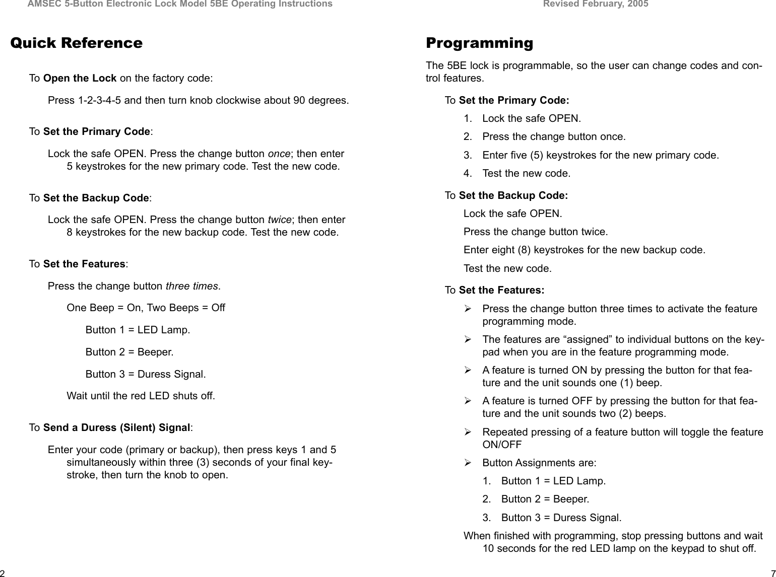 Page 2 of 4 - Locks 5BE_Op_Inst.qxp 5BE Gun Safe Instructions Amsec