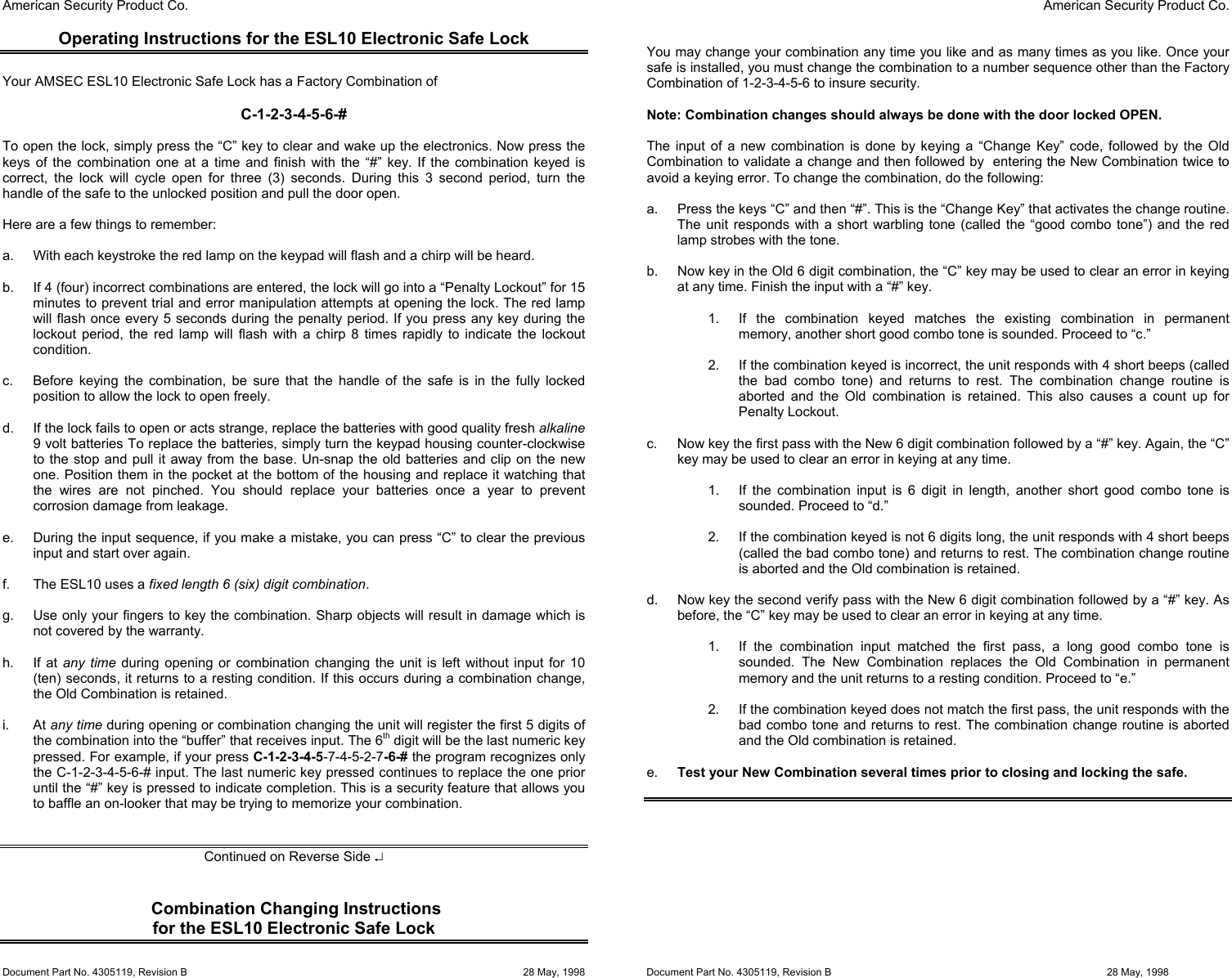 Page 1 of 1 - Locks Operating Instructions For ESL10 Electronic Safe Lock & ELS10XL Amsec