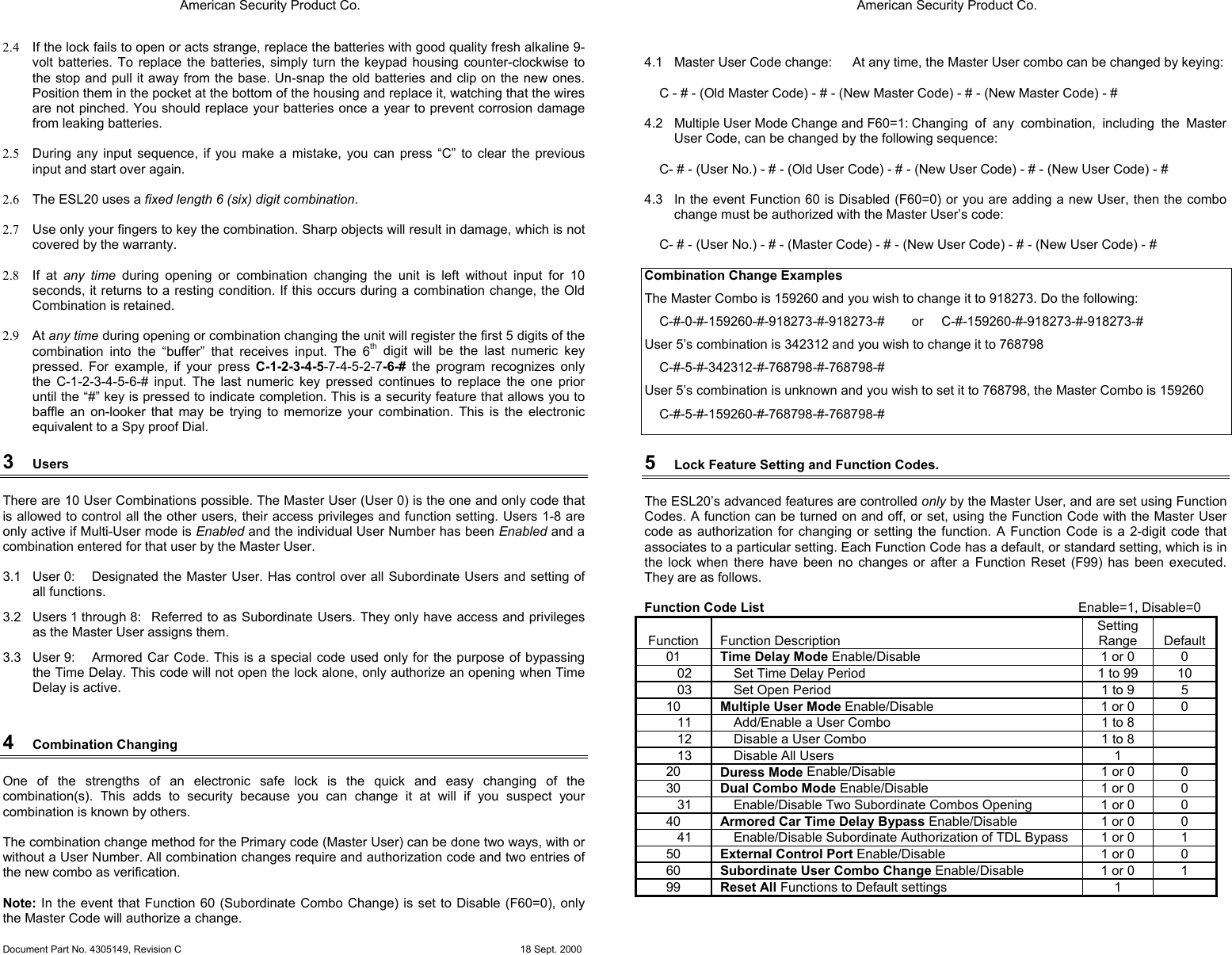 Locks Operating Instructions For ESL10 Electronic Safe Lock ESL20