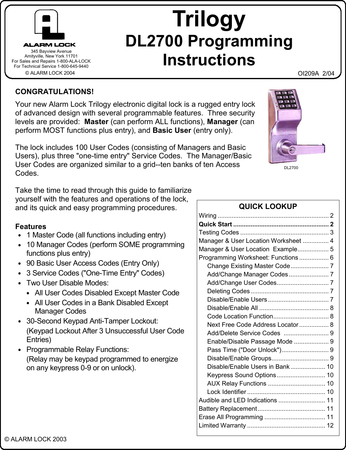 Page 1 of 12 - Locks DL2700_OI209A.37_PROG DL2700 (T2) Change Instr. (12 Buttons) DL2700-100 OI209A.37 PROG