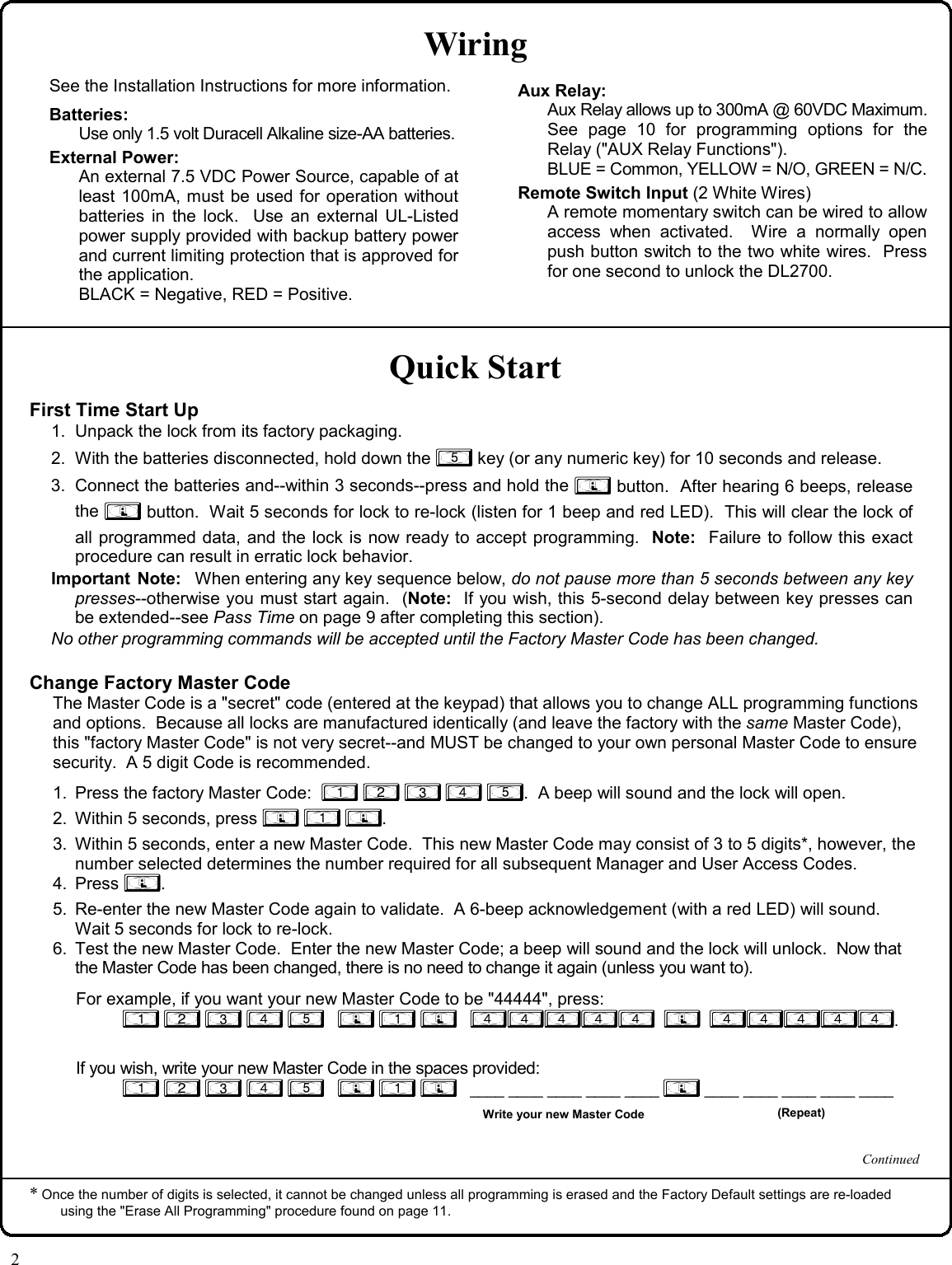 Page 2 of 12 - Locks DL2700_OI209A.37_PROG DL2700 (T2) Change Instr. (12 Buttons) DL2700-100 OI209A.37 PROG