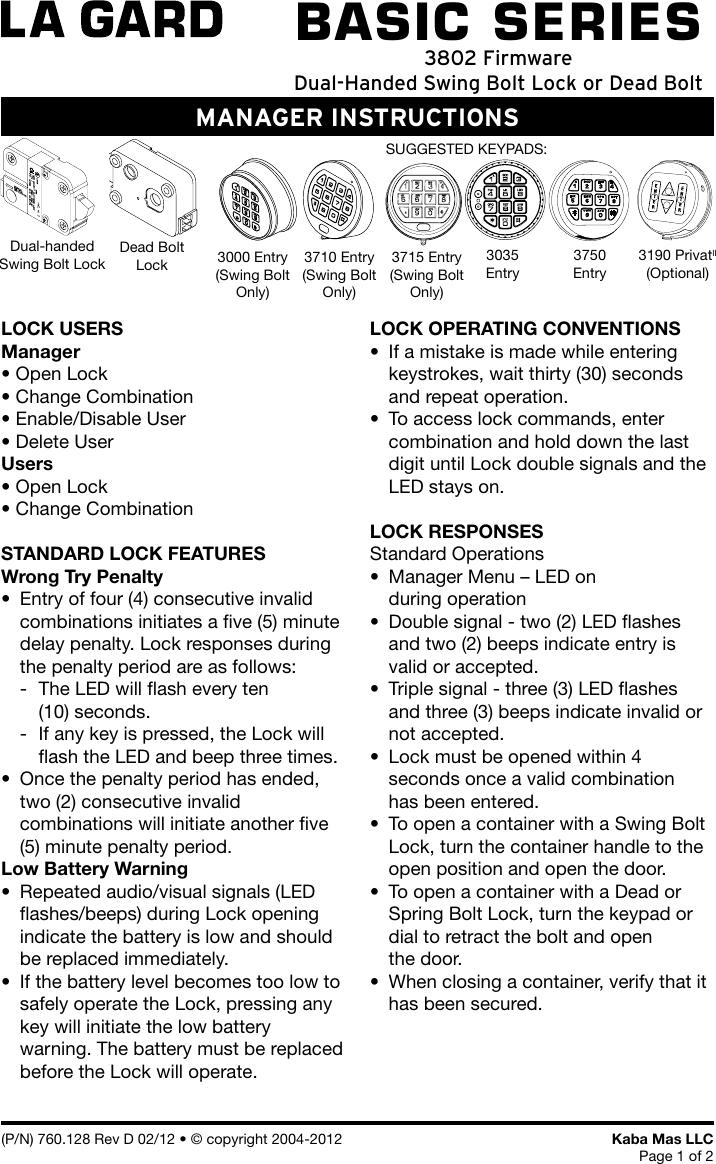 Locks Basic Series 3802 Firmware Manager Instructions La Gard Electronic Safe Lock User Manual