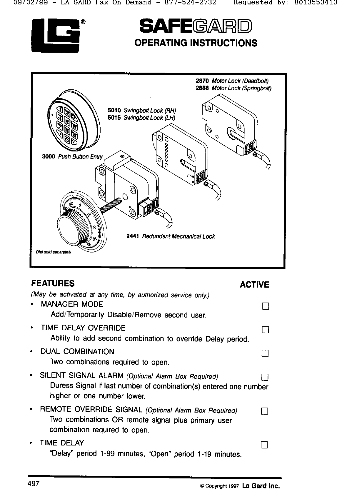 Locks Safe Gard Operating Instructions S 5010 5015 2870 2888 2441 3000 Oper Inst