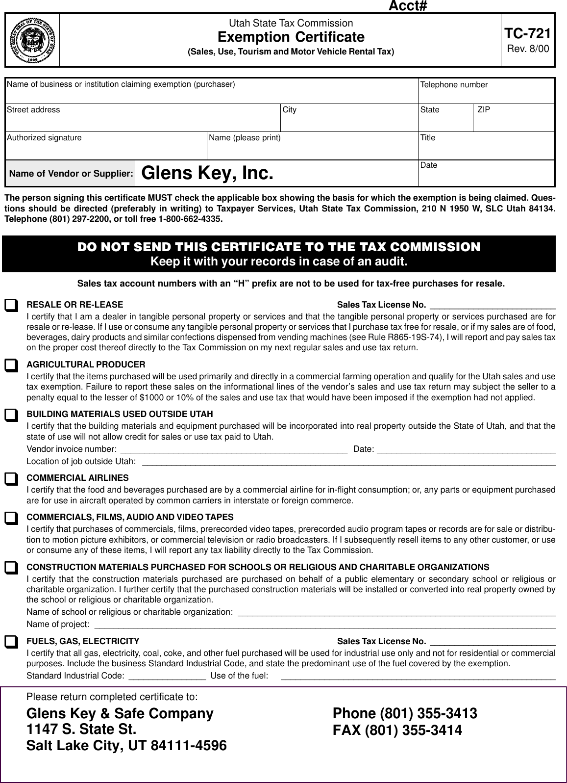 Page 1 of 2 - Locks  Utah State Sales Tax Exemption Form ( With Glens Key Filled In) TC-721-2000Glens