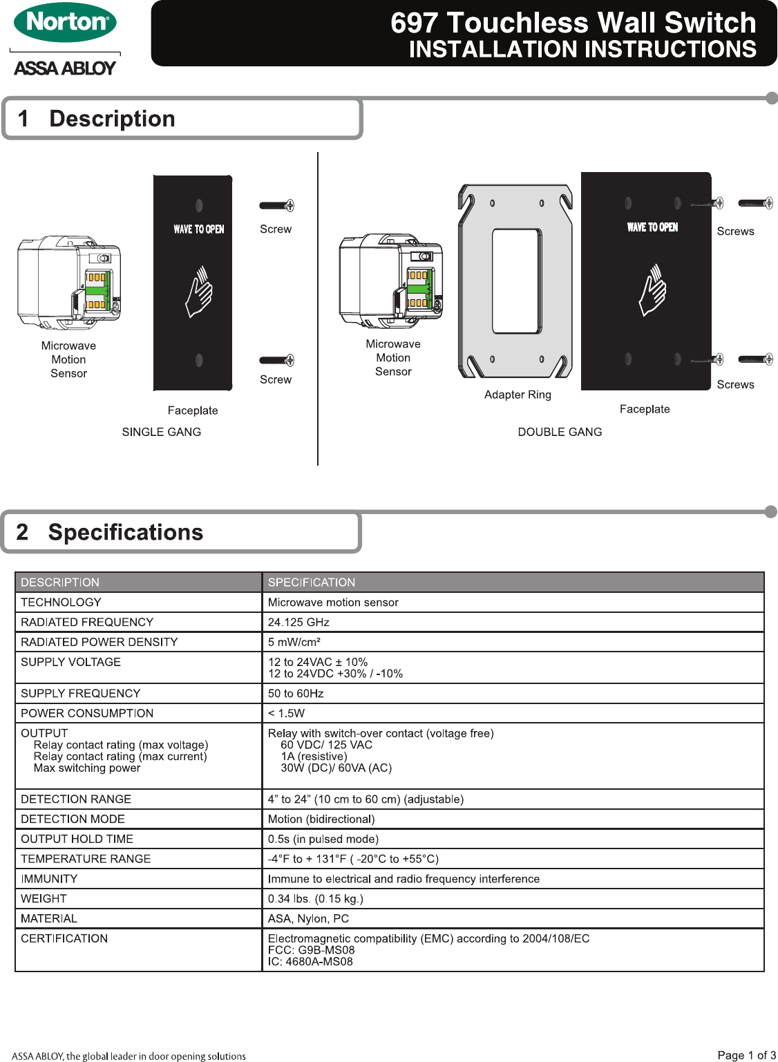 Page 1 of 3 - Locks Norton 697 Installation InstructionS_1 #697 Touchless Wall Switch Instructions Inst-697