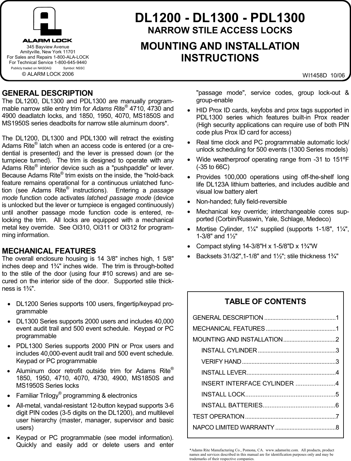 Page 1 of 8 - Locks XNarrow_DL1200-DL1300-PDL1300_WI1458D.22_INST Installation Instructions Inst-dl1200-dl1300