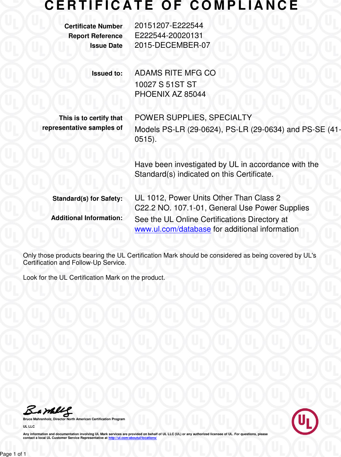 Page 1 of 1 - Locks Merge Job Opening Letter UL Certificate Of Compliance For Power Supplies Ulcc-power